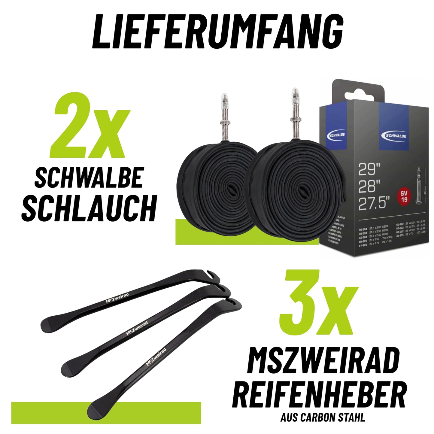 2X Schwalbe SV 19 bike tube 27.5 28 29 inch SV 40mm (40/62-584/635) + 3 MSZweirad tire levers