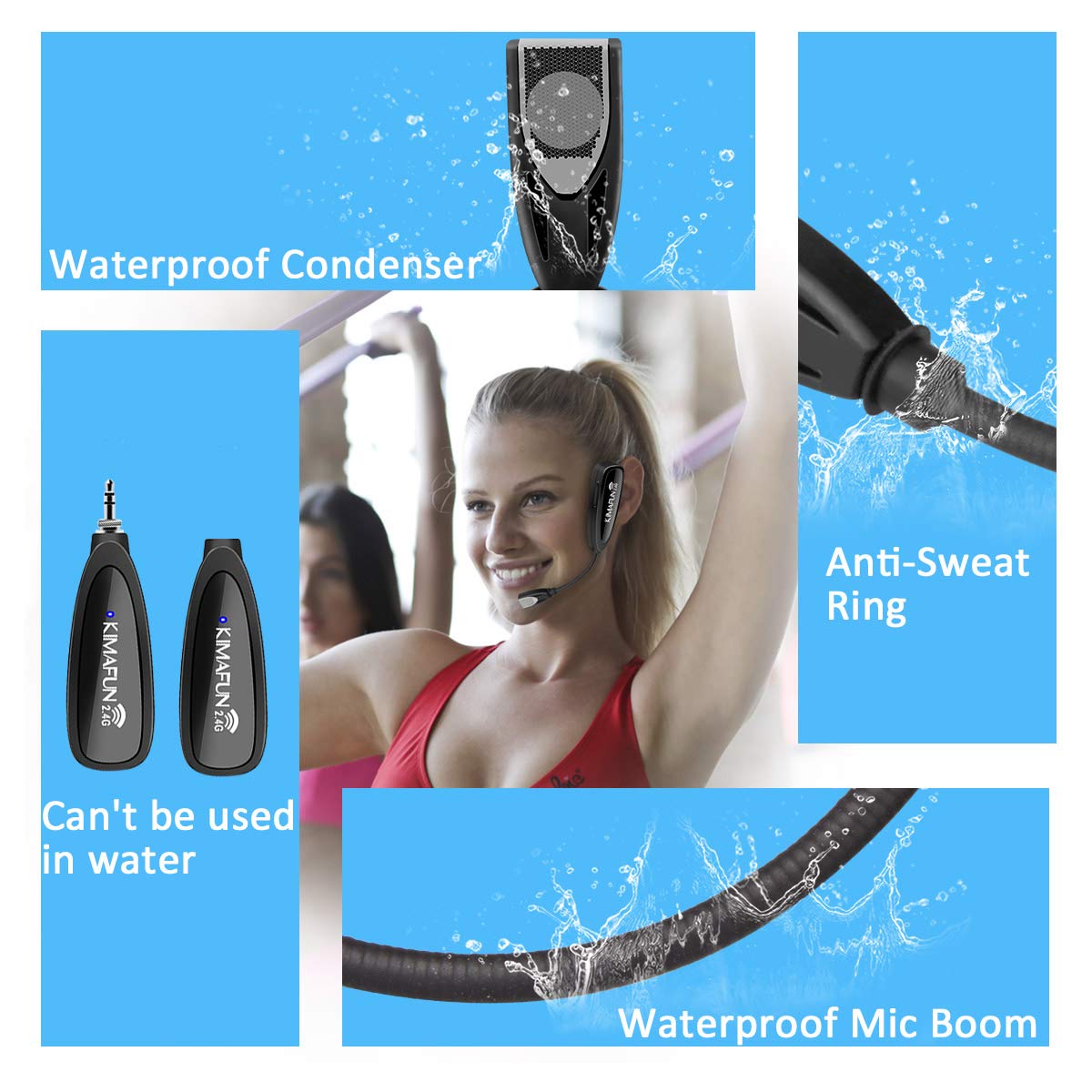 Wireless fitness microphone headset, KIMAFUN sweatproof waterproof headset microphone with rechargeable transmitter and pocket receiver for speakers, PA, smartphone, fitness trainers, yoga