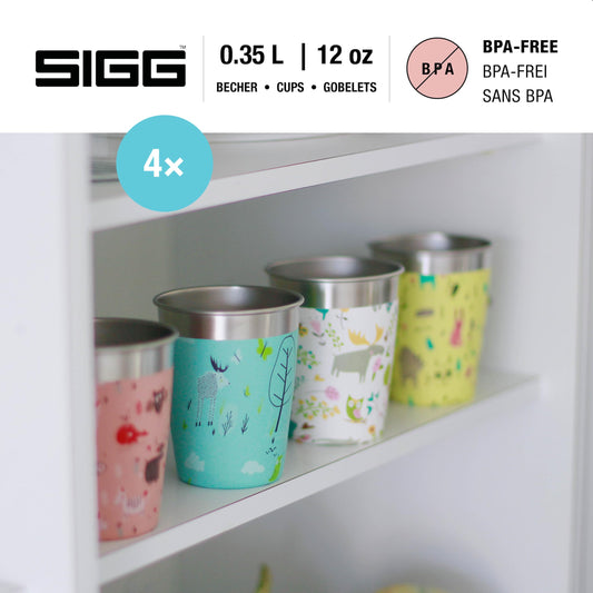 SIGG Children's Cup Set (4 x 0.35 L), drinking cups for kids in 4 colorful designs for boys and girls, practical stainless steel cups for home and on the go.