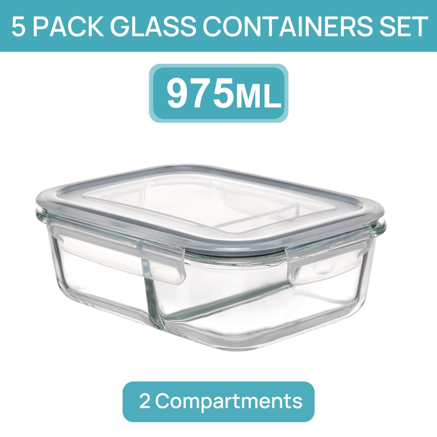 Vtopmart 5Pack 975ml Meal Prep Boxes, Glass Containers with Lid, Glass Food Storage Containers with Lid for Microwave, Oven, Freezer, and Dishwasher.