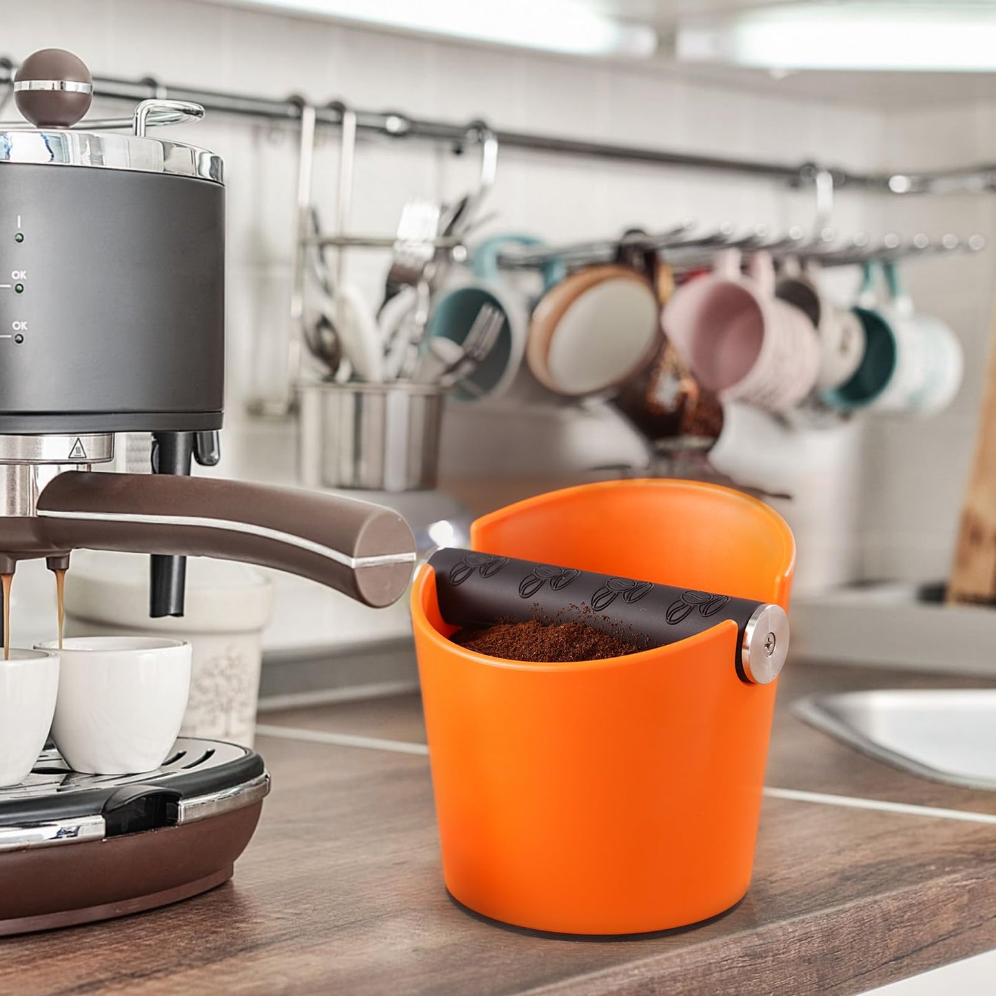 Portafilter Espresso Knock Box Coffee Grounds Container Knock Box Barista Style with Removable Metal Knock Bar and Non-Slip Base Orange