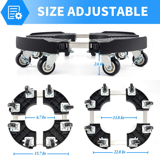 Round plant trolley with 8 wheels, adjustable flower trolley 38-51cm, 150kg carrying capacity. Plant dolly for large planters indoors and outdoors.