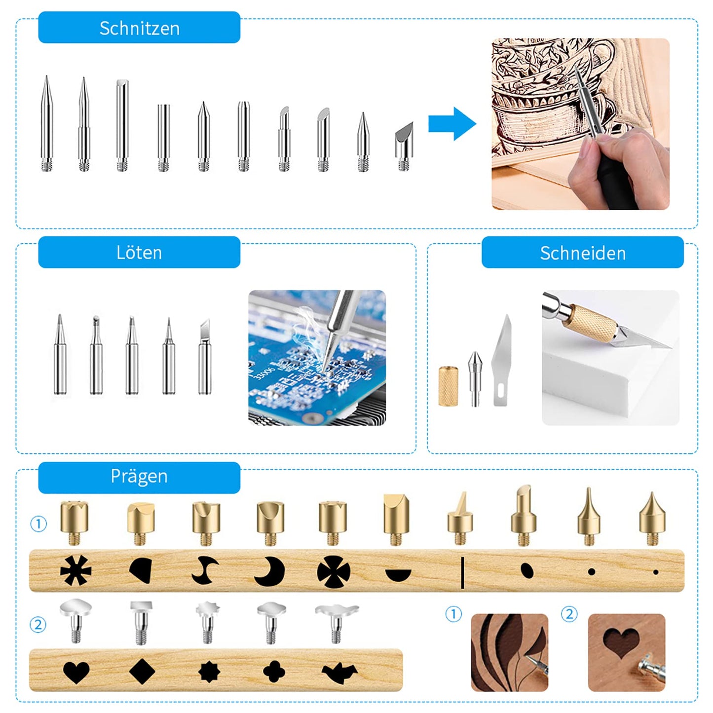 AOZOY Branding Iron Set 113PCS Wood Burning Kit - Soldering Iron Wood 60W Adjustable Woodburner Temperatur 200-450°C Pyrography Pen for Wood DIY Art Welding Sculpture Woodburning