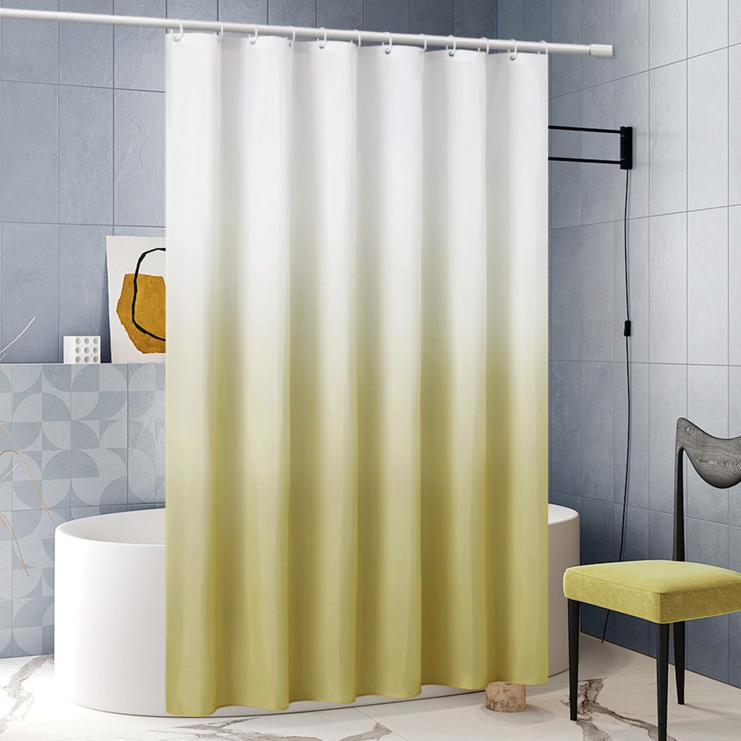 Furlinic Shower Curtain 180x200cm Fabric curtains Waterproof Anti-mold Washable Bathroom Curtain for Bath in Bathtub White to Light Taupe with 12 Shower Rings.