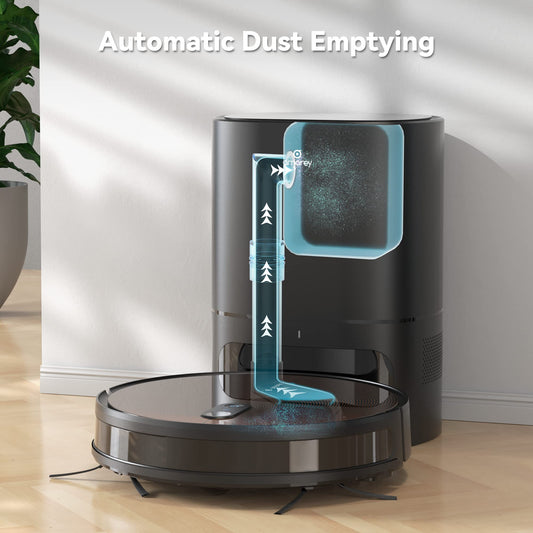 Amarey robot vacuum with self-emptying dock and mopping function, vacuum robot with automatic disposal dock, visual navigation, app & Alexa control, for pet hair, hard floors, carpets.