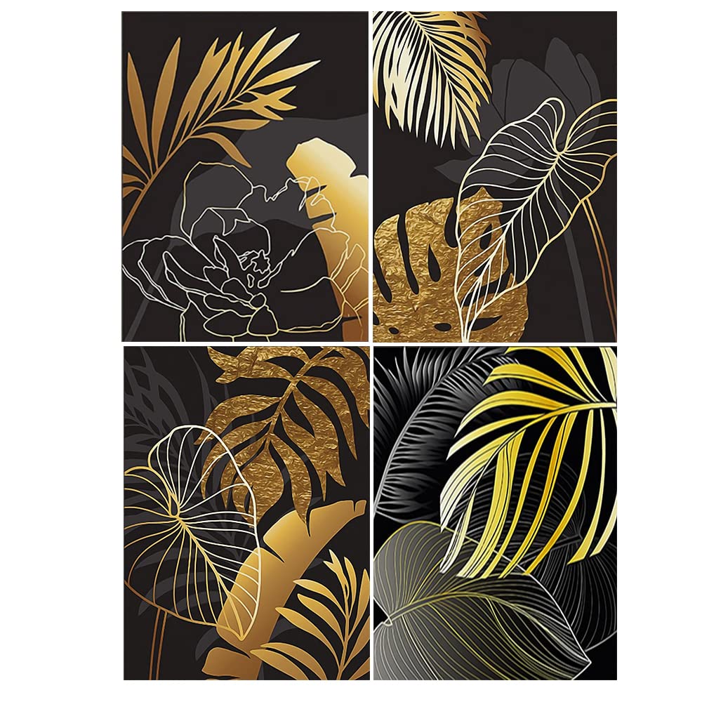 4 pieces of Diamond Painting Leaves 40x50 cm Diamond Painting Leaves Gold and Black Diamond Painting Pictures Modern Style Diamond Art Minimalism for Living Room Embroidery Kit Adults Stickers