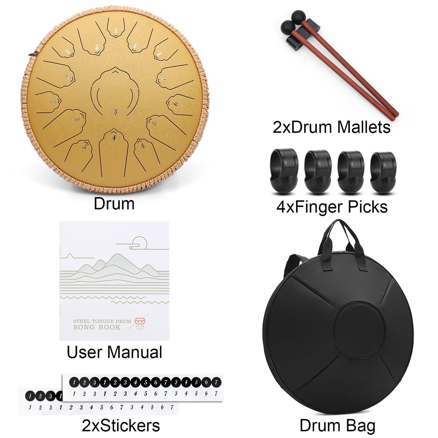 AMKOSKR Steel Tongue Drum, 14 inch 35 cm Steel Tongue Drum, C major 15 notes, Hand Drum HandPan Drum with Drumsticks/Carrying Bag (Gold)