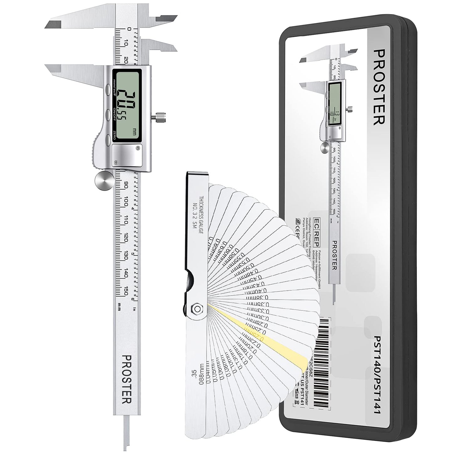Proster Digital Caliper 6 Inch / 150mm + 32 Feeler Gauge Digital Vernier Caliper Electronic Measuring Tool Inch/Fractions/Metric Caliper for Length Width Depth Inner/Outer Diameter