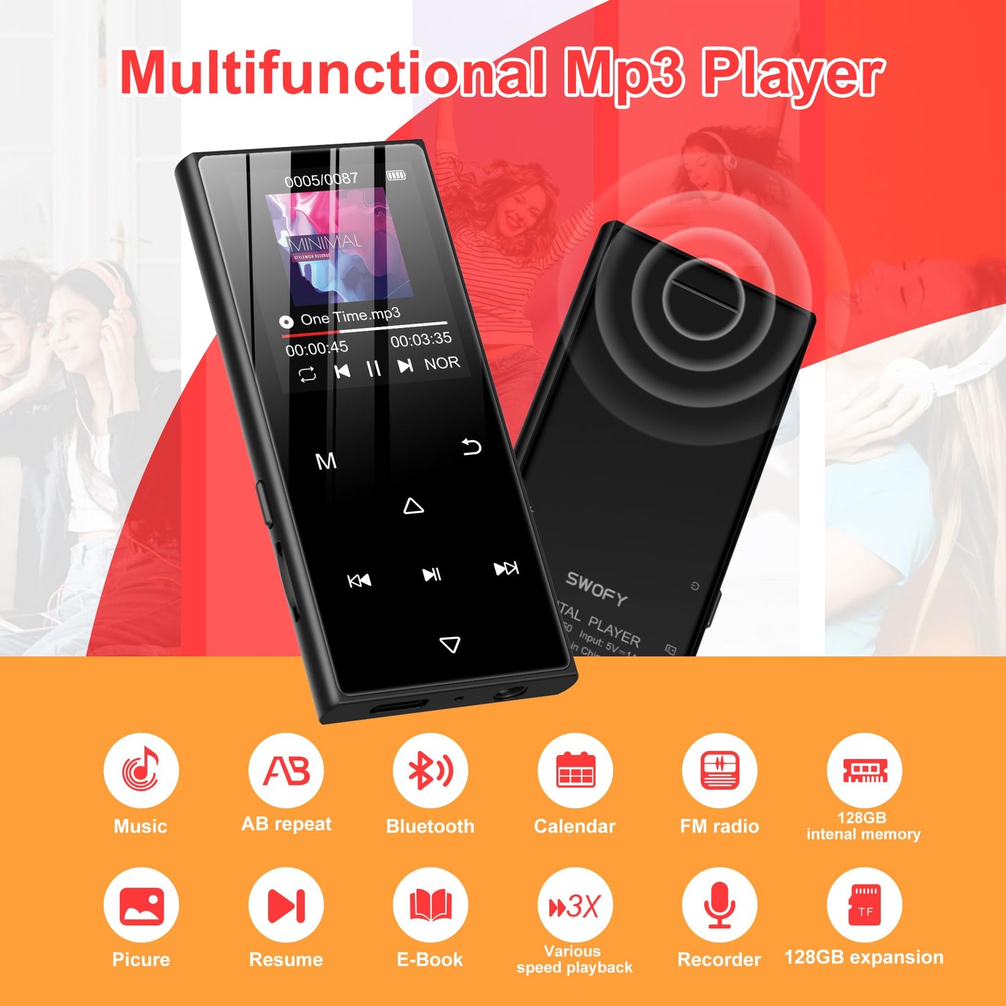 SWOFY 128GB MP3 player with Bluetooth 5.3 and a 1.8-inch screen, HiFi music, kids MP3 player with speaker, FM radio, e-book function, recording function (black)