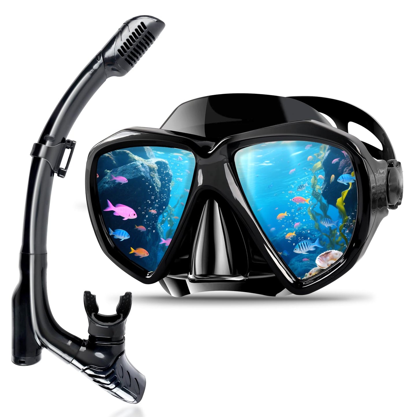 Adults and kids snorkel set, snorkeling set with dry snorkel and diving mask, 180° anti-leak anti-fog diving mask with nose for snorkeling, swimming, and diving (cyan)