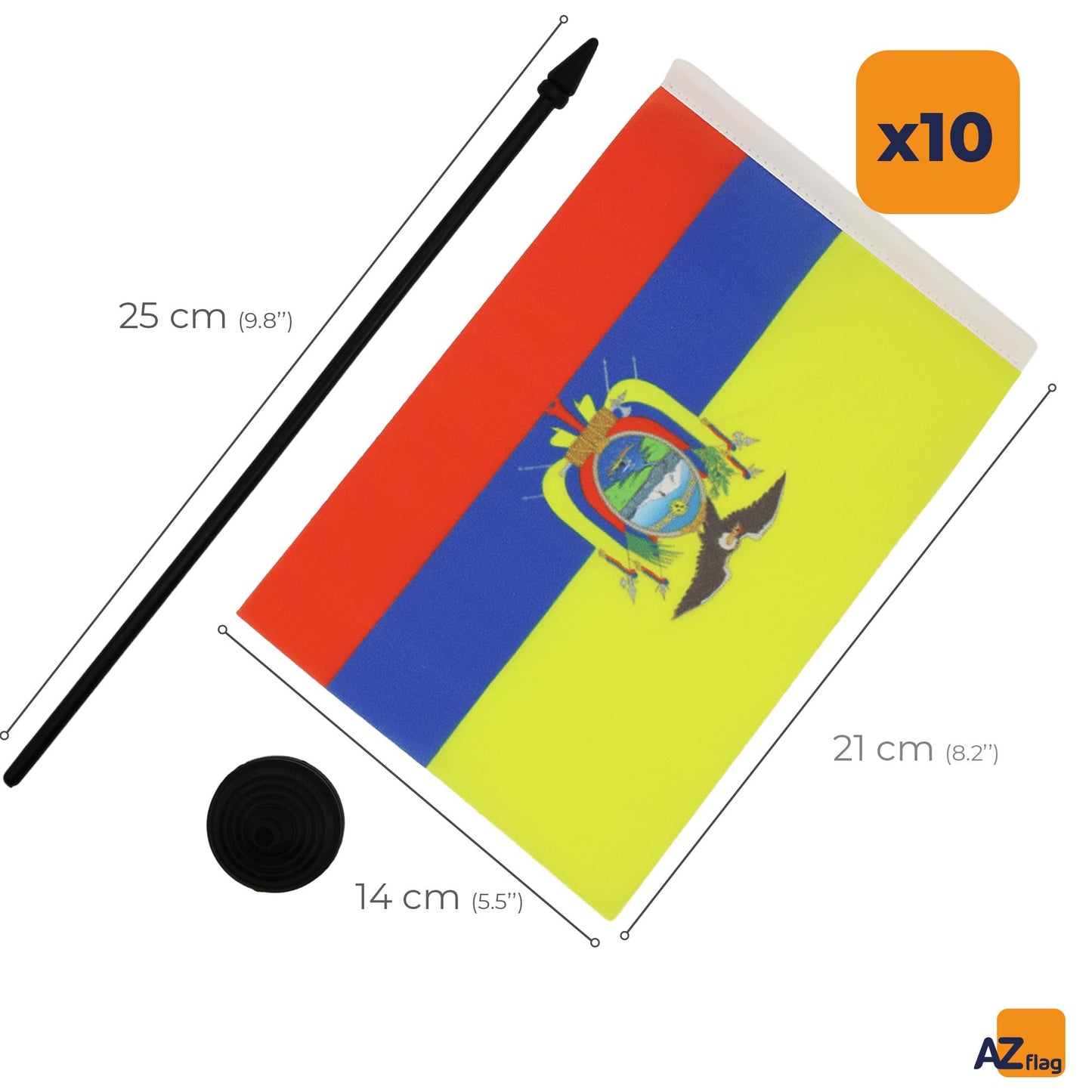 AZ FLAG - Pack of 10 Ecuador Table Flags, 21 x 14 cm – 10 small Ecuadorian Desk Flags, 100% Polyester, with 25 cm flagpole and black plastic base