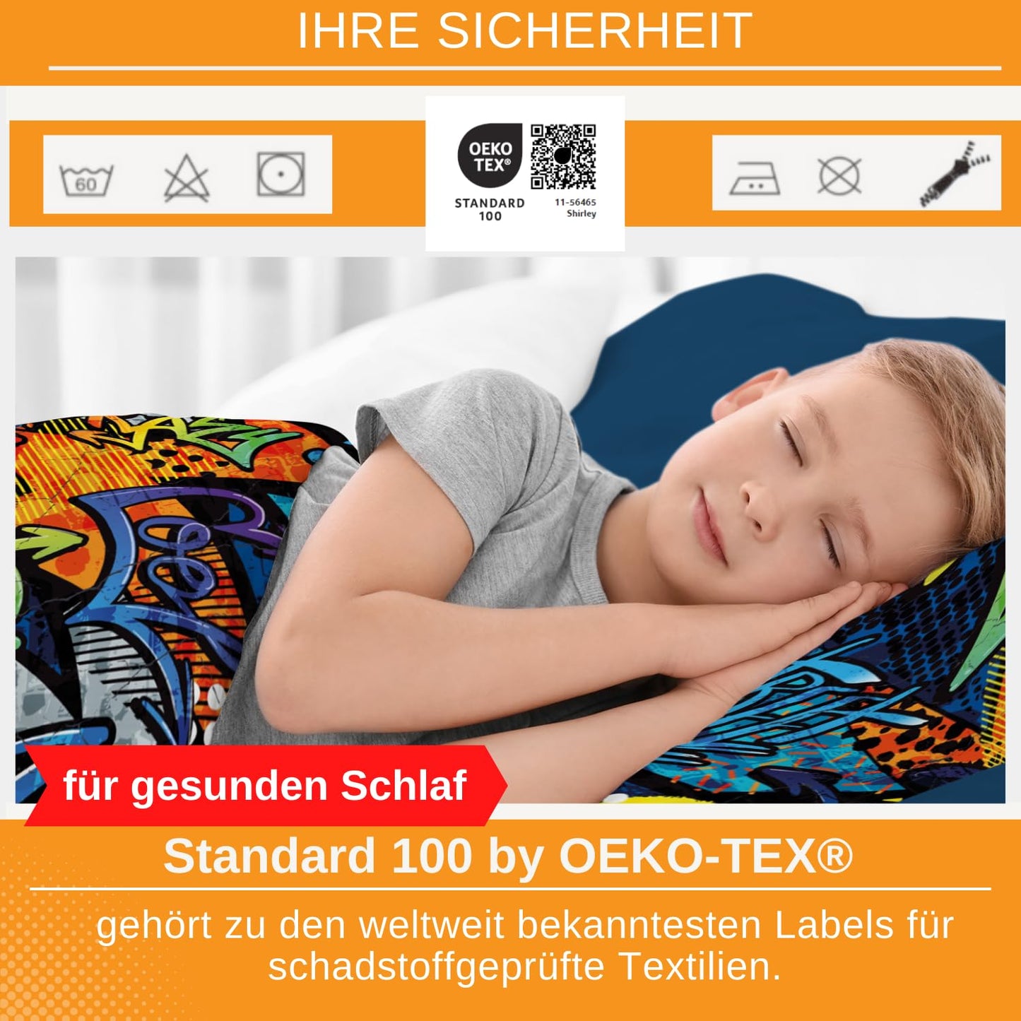 Aminata Kids microfiber bedding graffiti 135x200 girls boys teens with zipper - wrinkle-free - beneficial for allergy sufferers - colorful blue