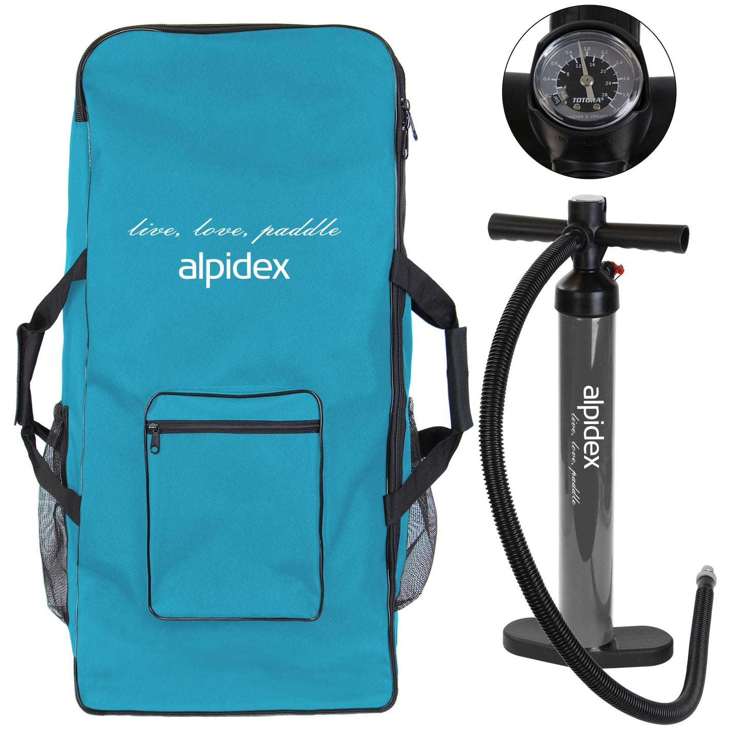 ALPIDEX Stand Up Paddle Set SUP 305 x 76 x 15 cm. Load capacity up to 150 kg. Inflatable, stable, light. Complete set includes carrying bag, paddle, fins, pump, leash, repair kit. Color: Petrol.