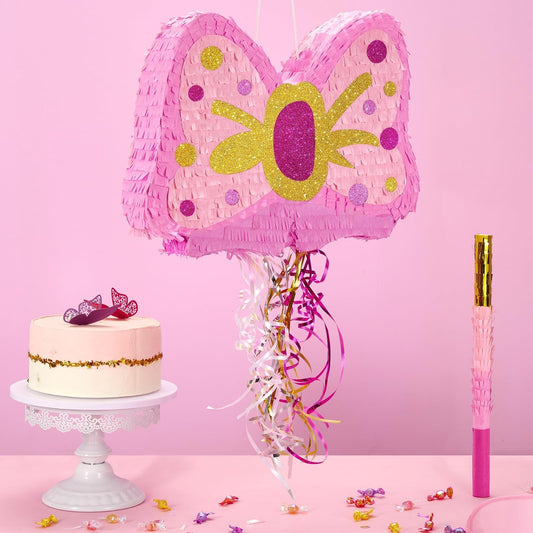 WERNNSAI Fly Piñata - Pink glitter fly piñata birthday party decor for girls kids piñata with stick and blindfold birthday party decor piñata with pull string accessories with princess theme