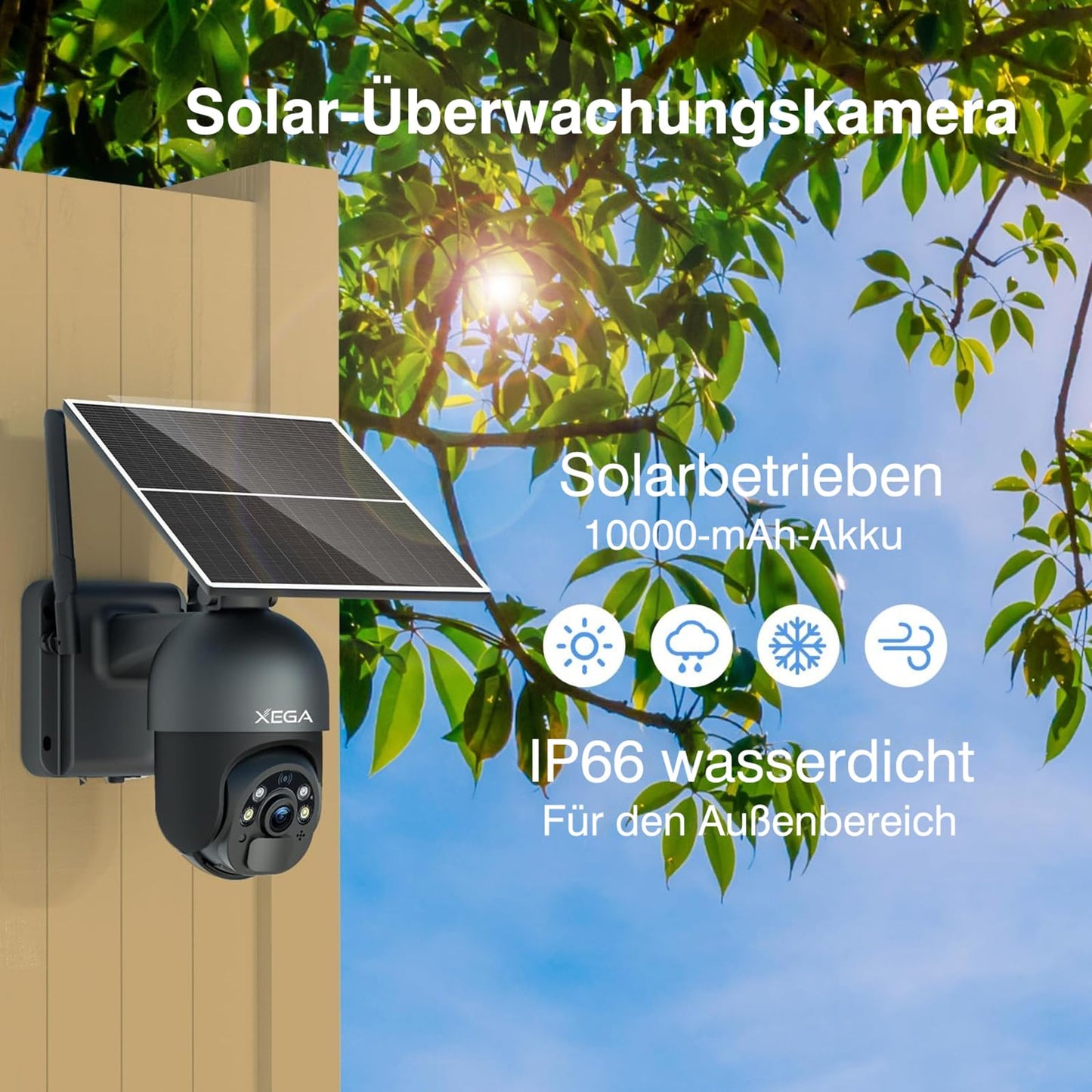 Xega 3G/4G LTE Outdoor Surveillance Camera with SIM Card Wire-Free Solar PTZ IP Camera Outdoor with 2K Color Night Vision 355°/95° Rotatable TF Card Slot PIR Detection 2-Way Audio IP66 Waterproof