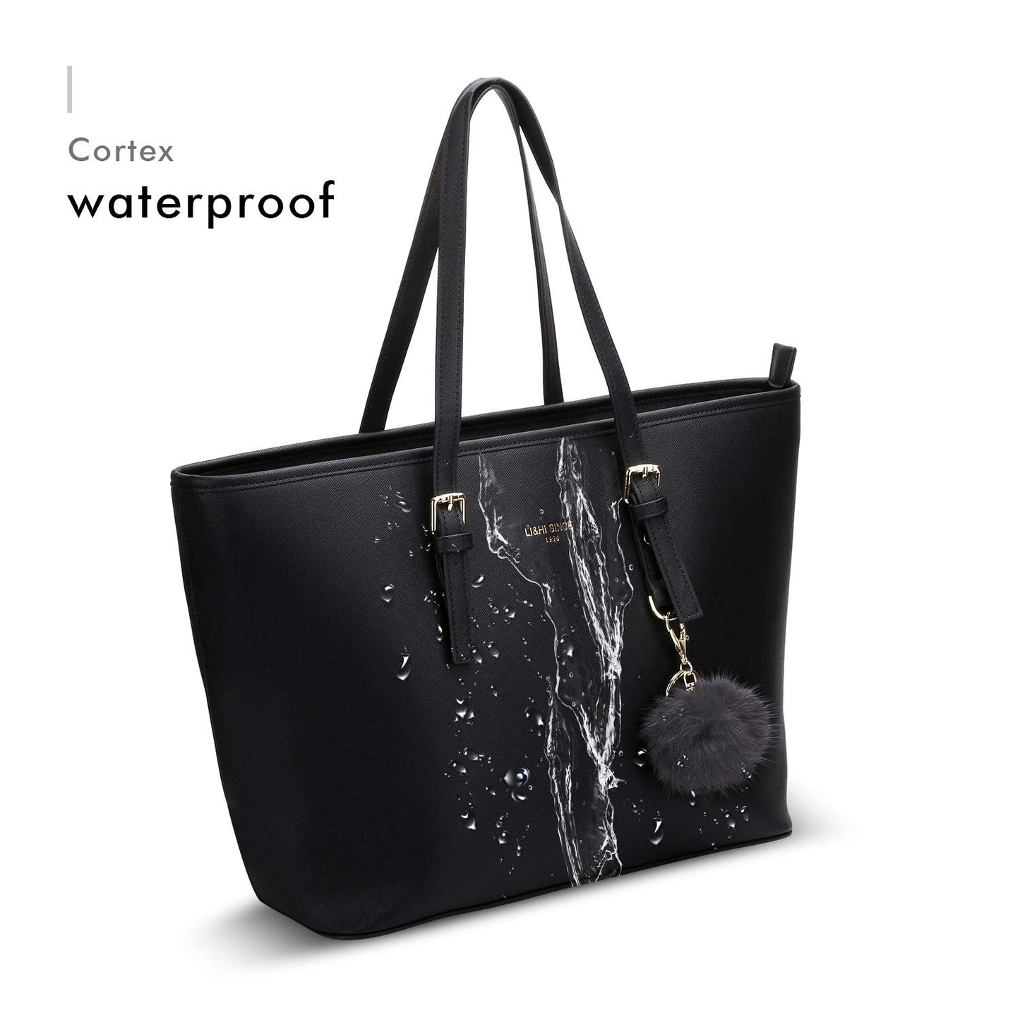 LI&HI Women's Handbag Elegant Shopper for School Black with Pom Pom 34 x 29 x 15.5 cm