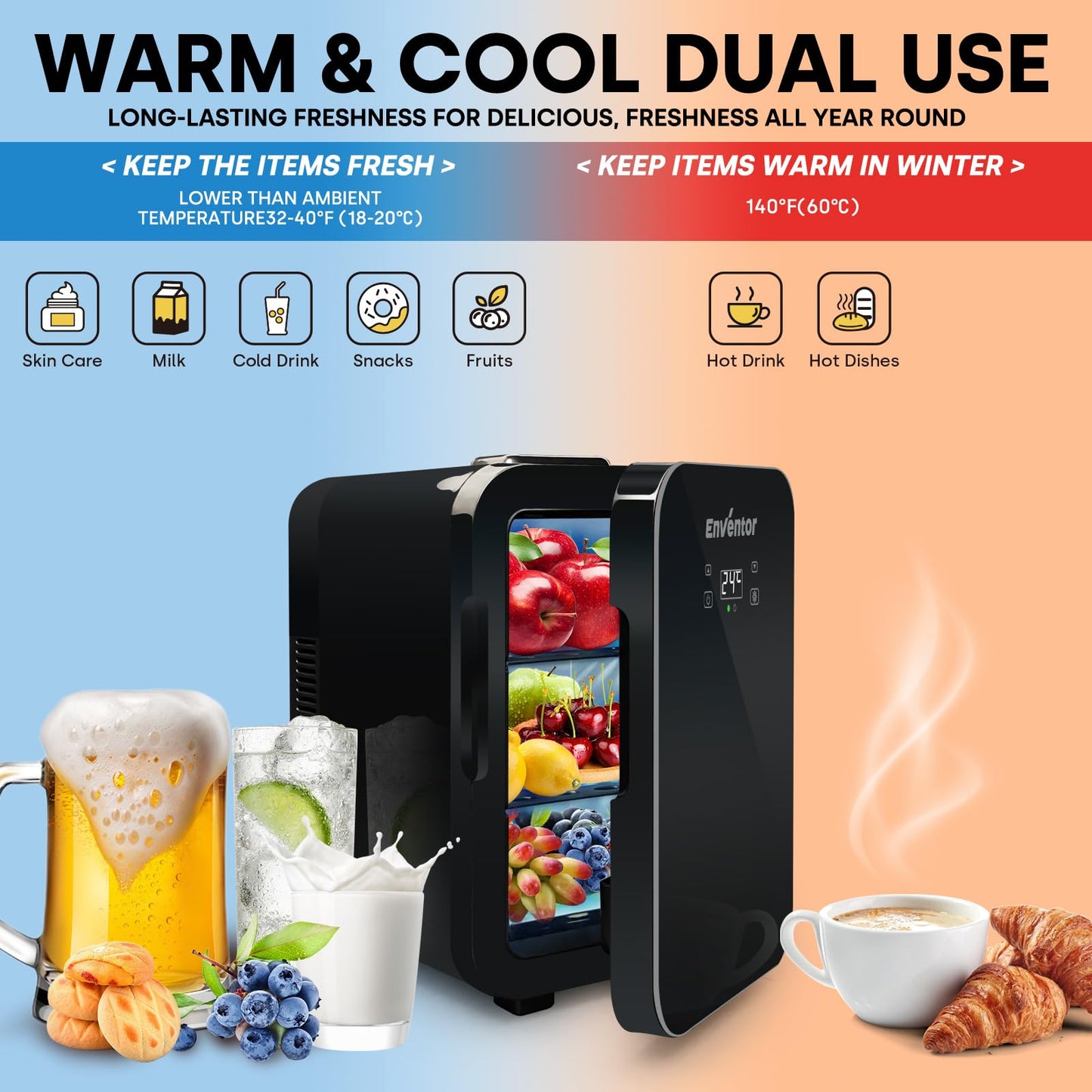 Enventor Mini Fridge 10 Liter, Cooler and Warmer, 220V AC + 12V DC, Portable Mini Fridge with LCD Temperature Display for Car, Travel, Cosmetics, Drinks, Food (Black)