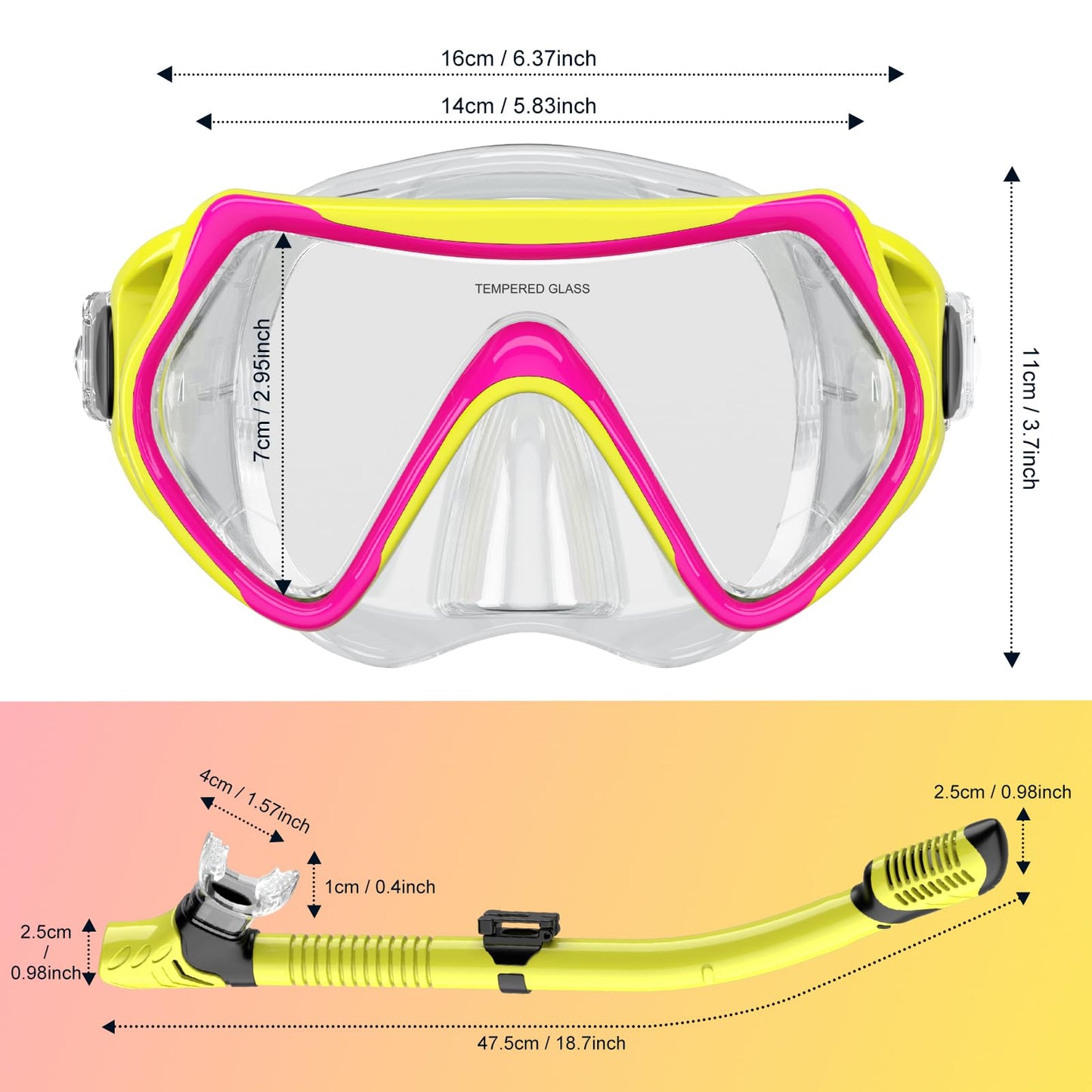 Adult snorkeling set includes adult snorkel mask with 180° panoramic view, anti-fog tempered glass, and adjustable silicone strap for snorkeling and swimming.