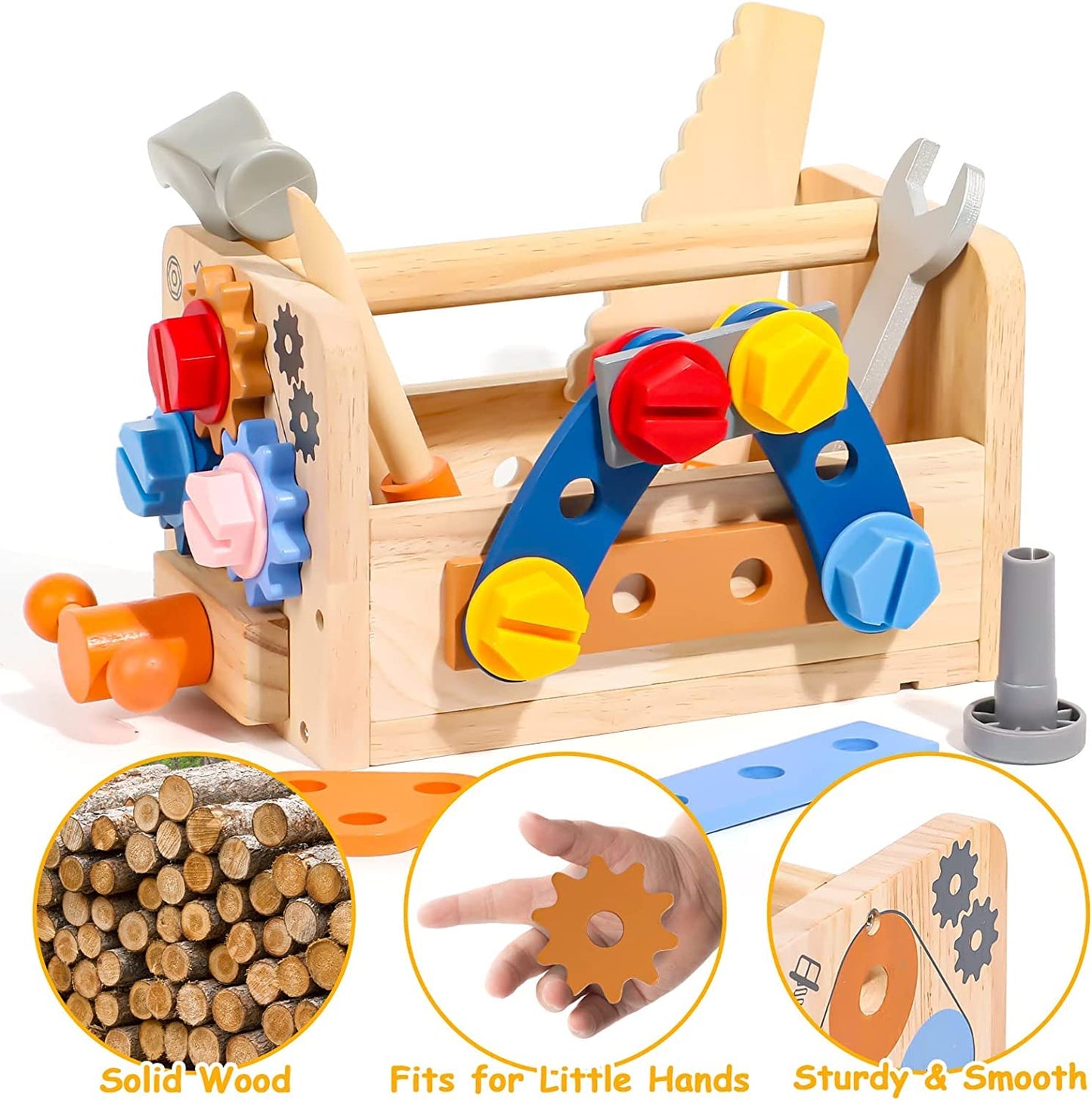 hifunti Tool Set Kids Workbench Montessori Toy from 2 Years Wooden Toolbox Gifts for 2 3 4 Year Old Boys Girls with Apron Learning Games Children's Toys from 3 4 Years (39 Pieces)