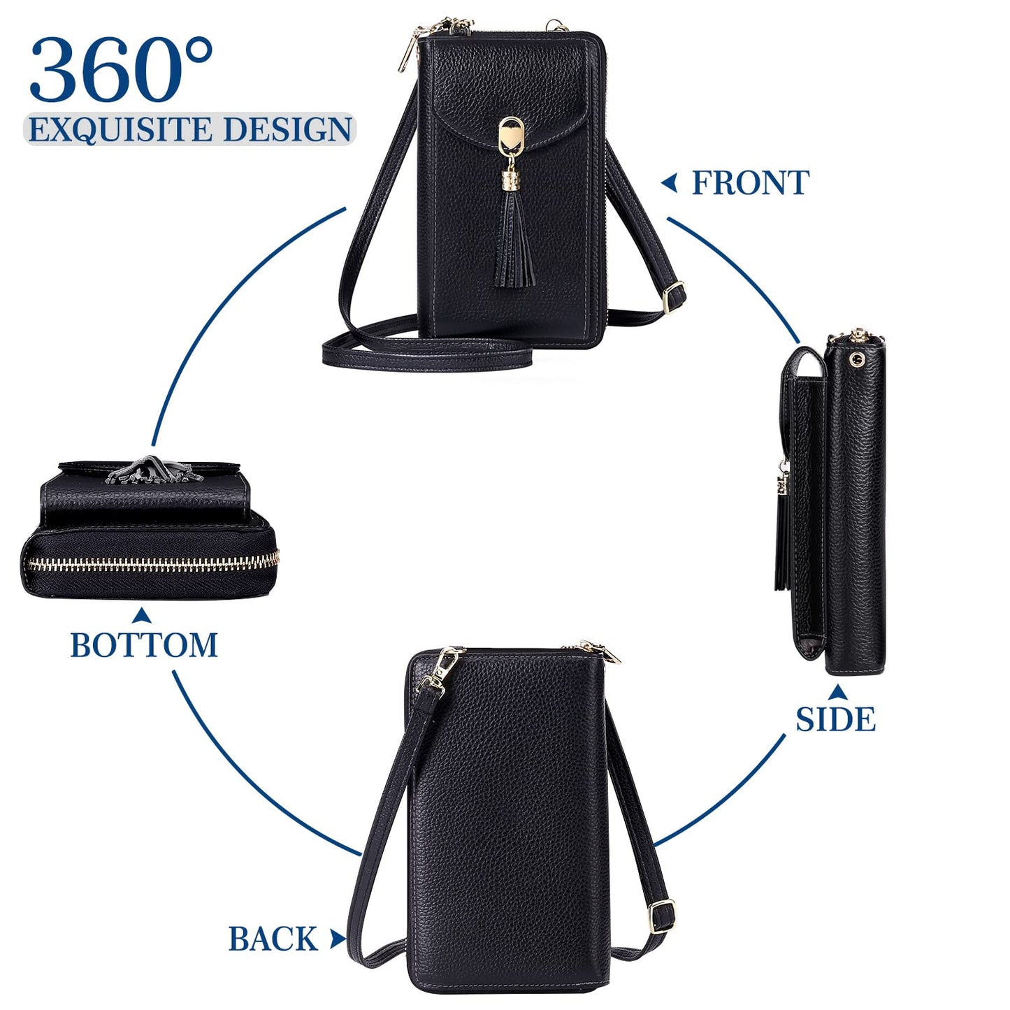 BTNEEU crossbody phone purse for women is made of leather with RFID protection. It features 12 card slots, adjustable shoulder strap, and can hold your phone and wallet securely. Available in black.