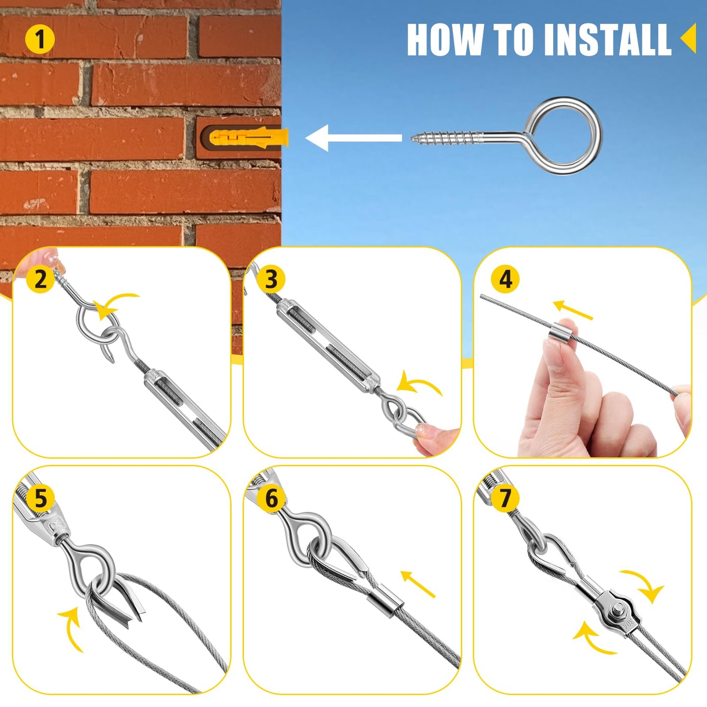 UPDOKIT 62pcs Stainless Steel Wire Rope Set, 50m Wire Rope for climbing plants, 2mm Steel Rope Coated Set with eyes, Rope Tensioner, Wire Rope Clamp for trellis, fences, and DIY projects.