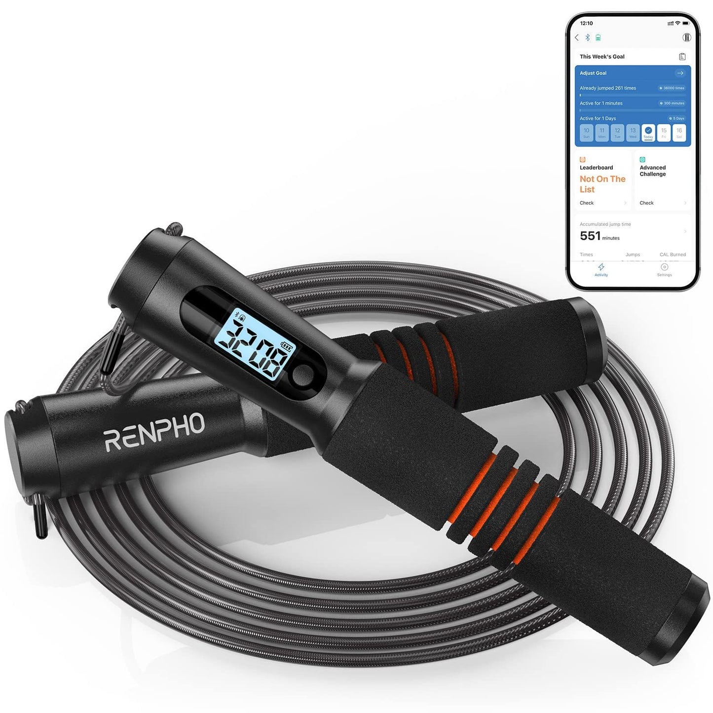RENPHO Intelligent Jump Rope for Fitness with App Data Analysis, Jump Ropes for Home Gym, Crossfit, Exercise for Men, Women, Kids, Black-001