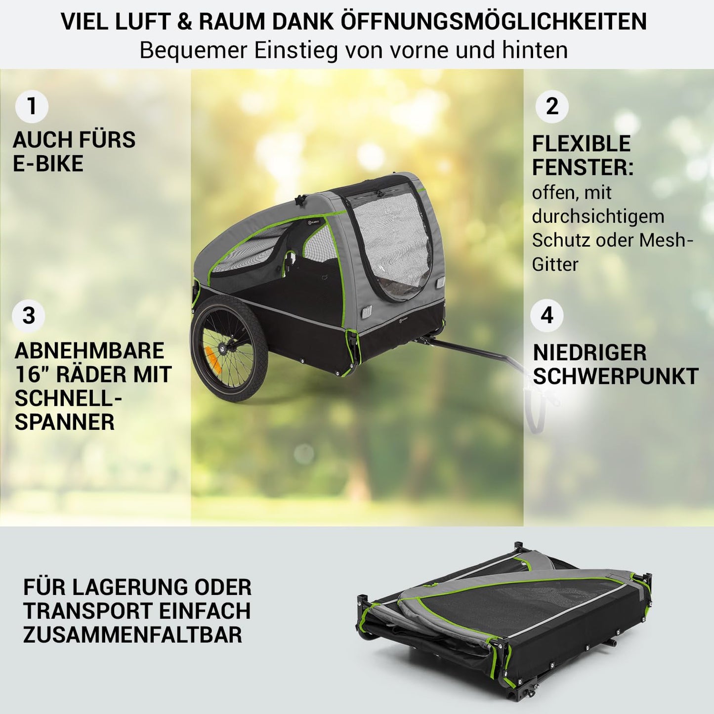 Klarfit 2-in-1 bike trailer & dog buggy, foldable, dog trailer with suspension, reflectors & leash, for dogs up to 45kg