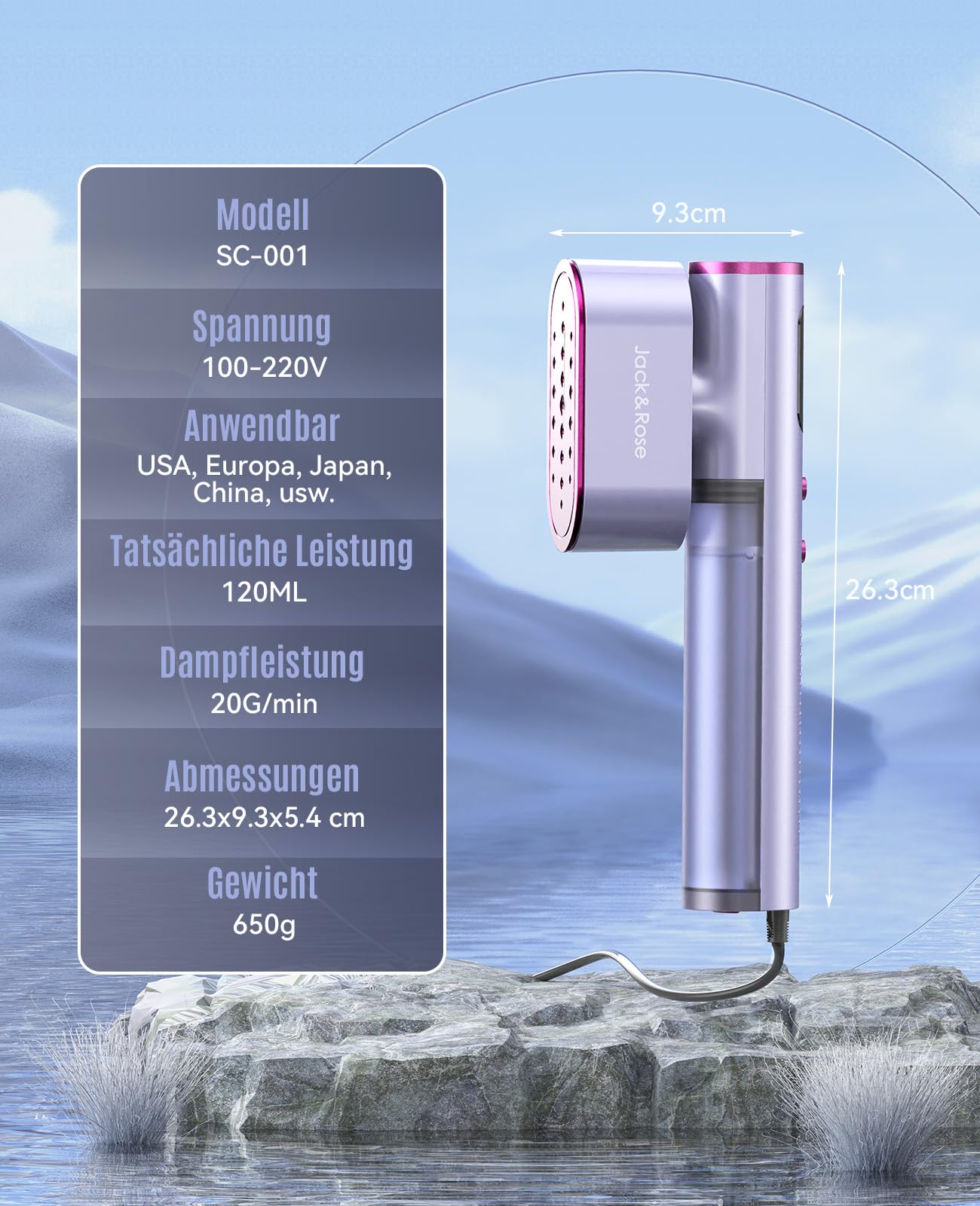 Jack & Rose Clothes Steamer, 110-240V Voltage, 15s Fast Heating, Portable Garment Steamer, 2-in-1 Travel Iron 1000W Steamer, Travel Clothes Steamer for global travel Purple