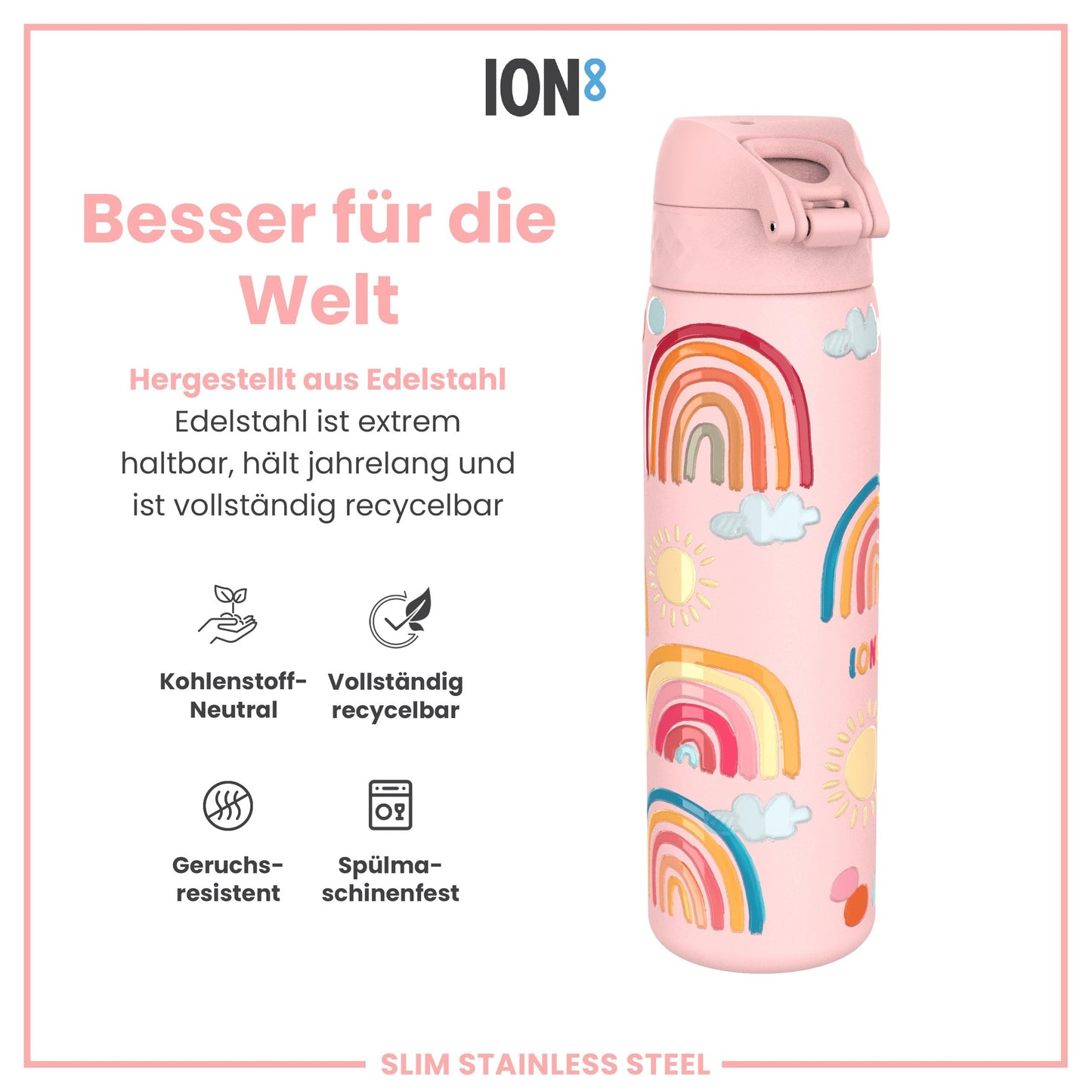 Ion8 Lightweight Steel Water Bottle 600ml Non-Insulated Leakproof One-Hand Opening Secure Lock Dishwasher Safe Flip Lid Carry Handle Easy to Clean, Rainbows