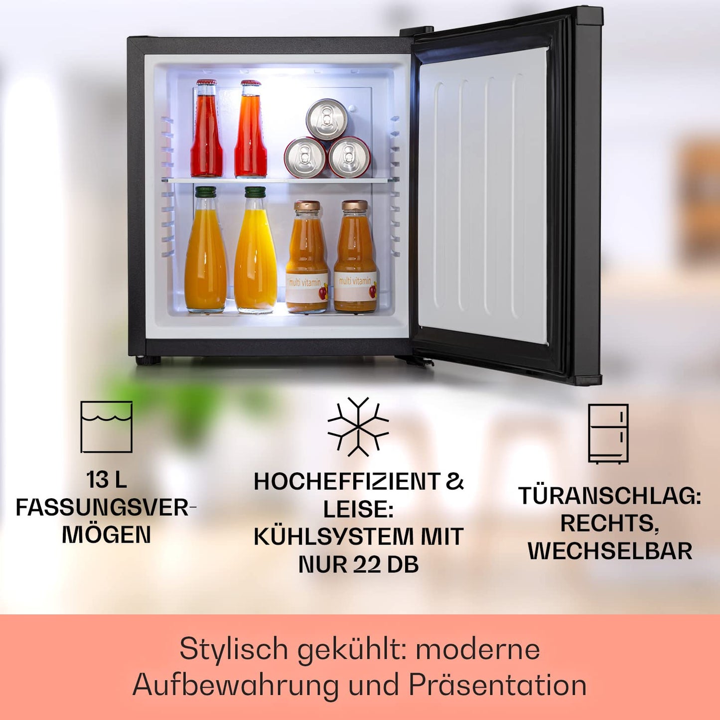Klarstein mini fridge for rooms, 13L mini fridge for drinks & cosmetics, small minibar, fridge small & quiet, adjustable shelf, small skincare fridge 5-15°C