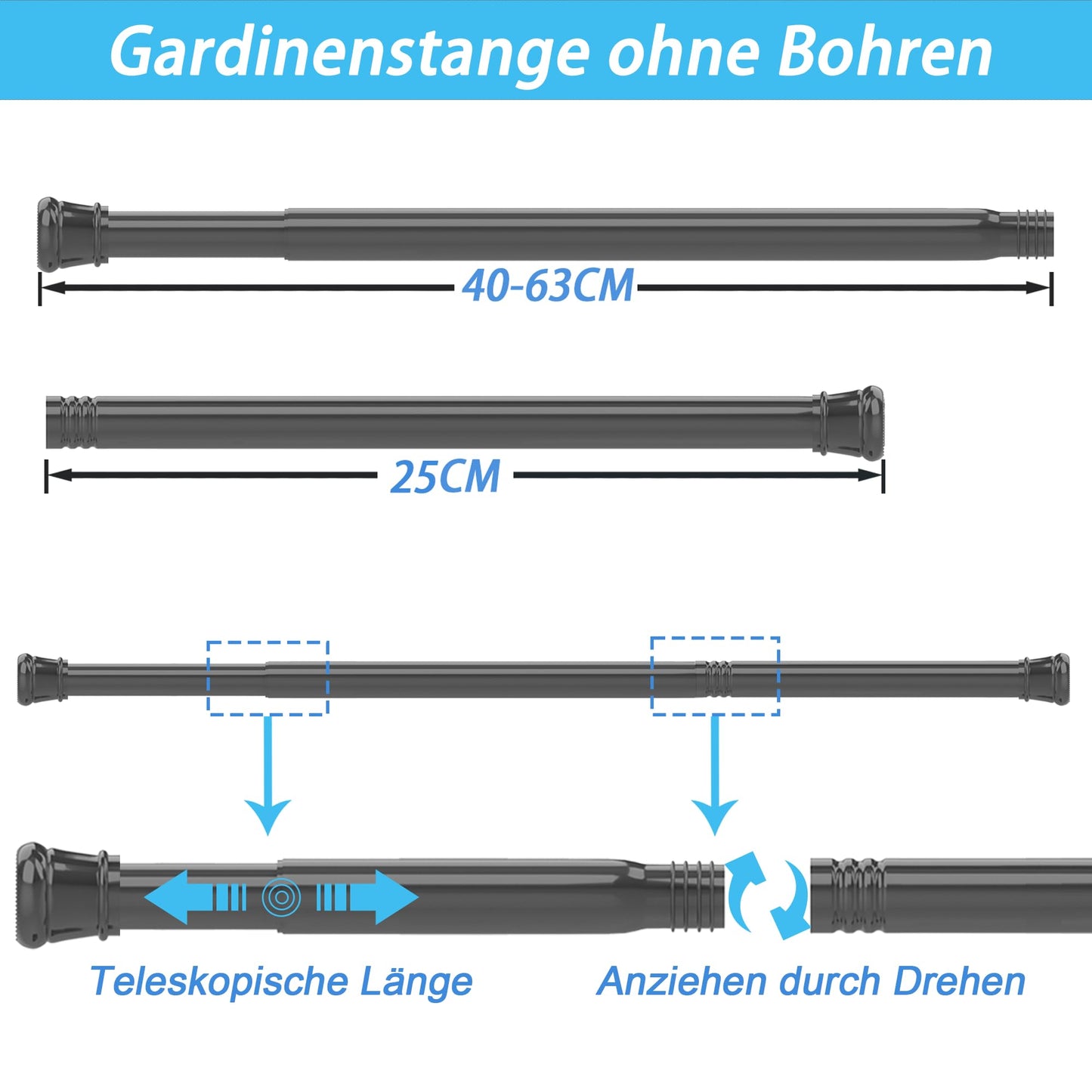 1Piece Curtain Rod No Drill Shower Rod Extendable Clothes Rod for Window, Closet, Bathroom 62-85CM Black (diameter 25mm)