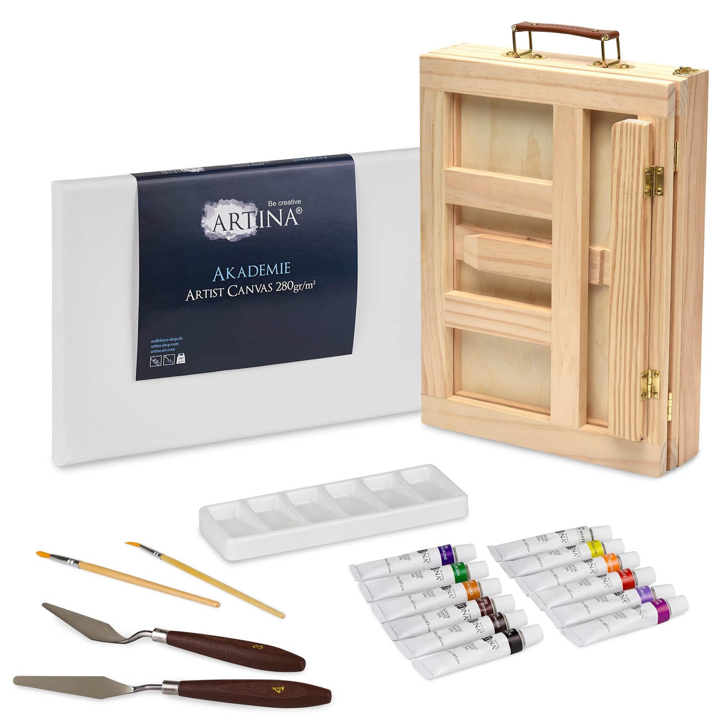 Artina 19-piece acrylic painting set with carrying case easel Milano - artist set painting case 12x 12ml acrylic paint set, brushes & stretcher canvas set - artist carrying case table easel beginner hobby painter painting set