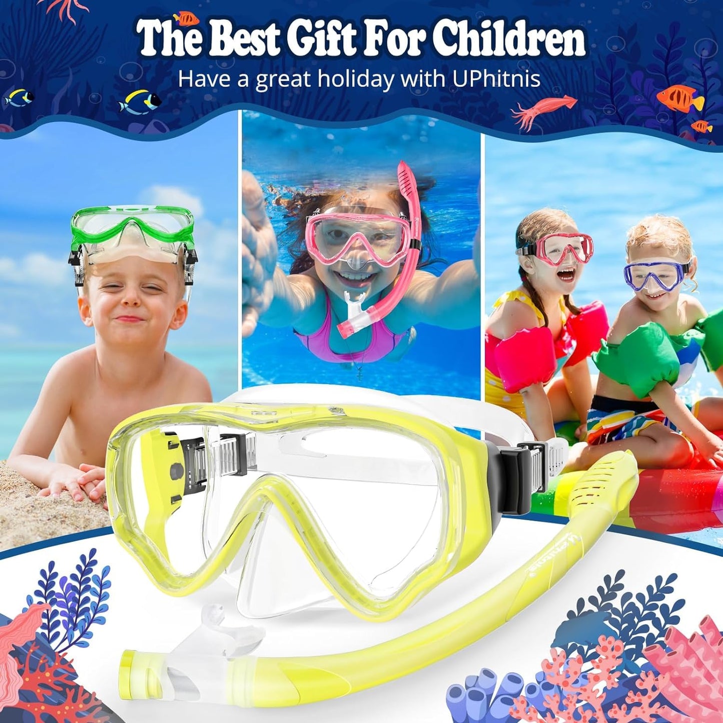 UPhitnis Kids Snorkel Set - Anti-Fog Dive Mask and Dry Snorkel - Leak-proof Dive Mask with Dry Snorkel - Snorkeling Gear for Boys Girls - Pink, Blue, Black, Yellow
