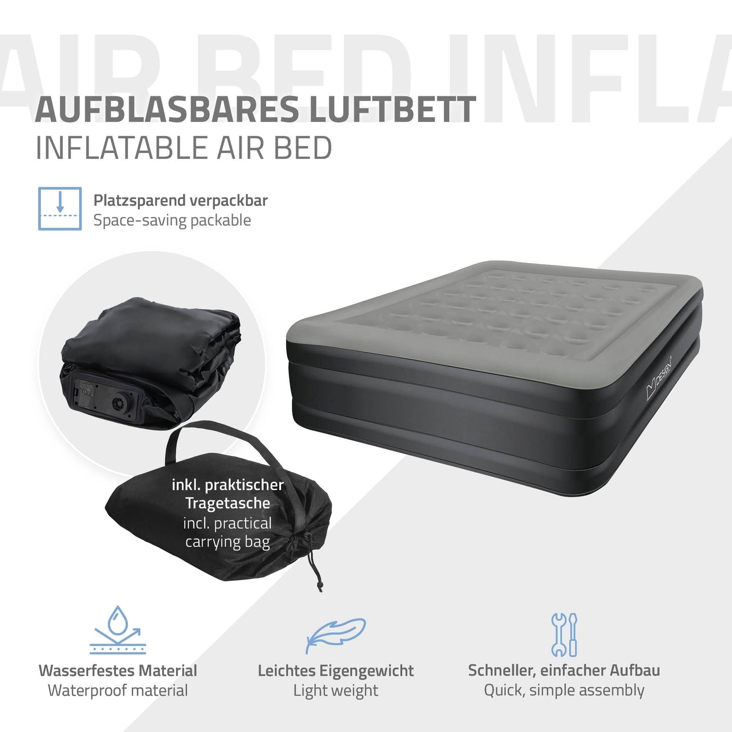 ML-Design air mattress for 2 people 203x157x47 cm Gray, TÜV certified, self-inflating air bed with electric pump 230V, inflatable mattress for camping, guest bed double bed + carrying bag.