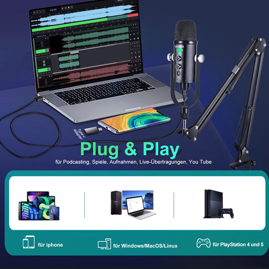 Aveek USB Condenser Microphone with Arm, Streaming Mic with Pop Filter, Gaming Mic with Headphone Monitoring for Podcasting, Recording, Studio, YouTube