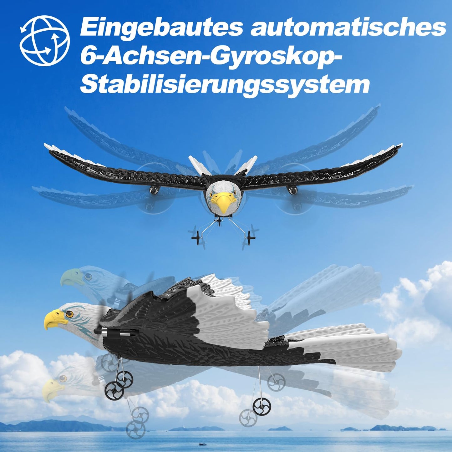 DEERC FX651 RC airplane, remote controlled eagle airplane for beginners, RC eagle outdoor with 6-axis gyro stabilizer, 2.4 GHz 2Ch flying bird with 2 flight batteries and propeller, for kids, boys