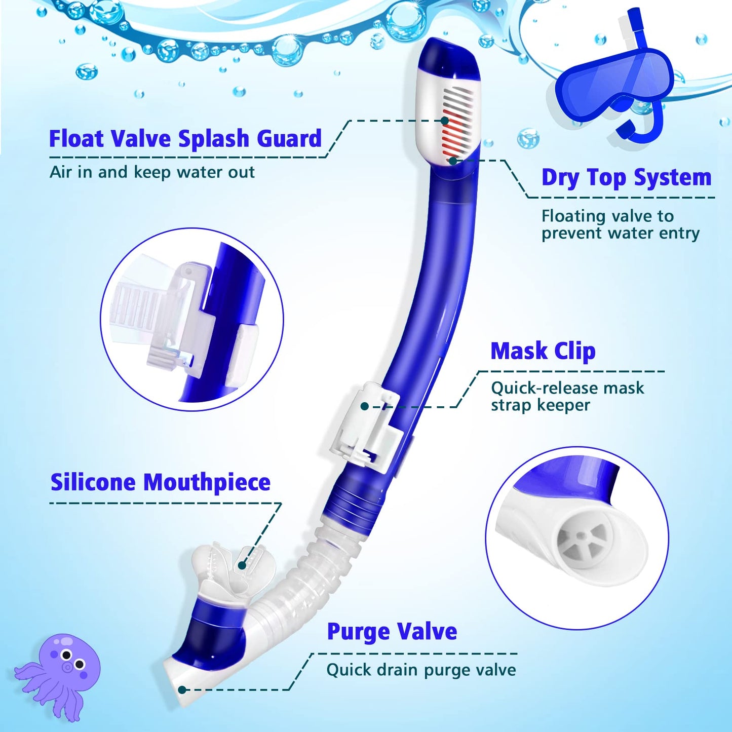 Kids Snorkel Set, HIKOTEY Snorkel Mask with 2-Channel Premium Dry Snorkel, 180° Panoramic Hardened Glass Anti-Leak Snorkel Masks for Boys Girls (4-12 years) - Pacific Blue