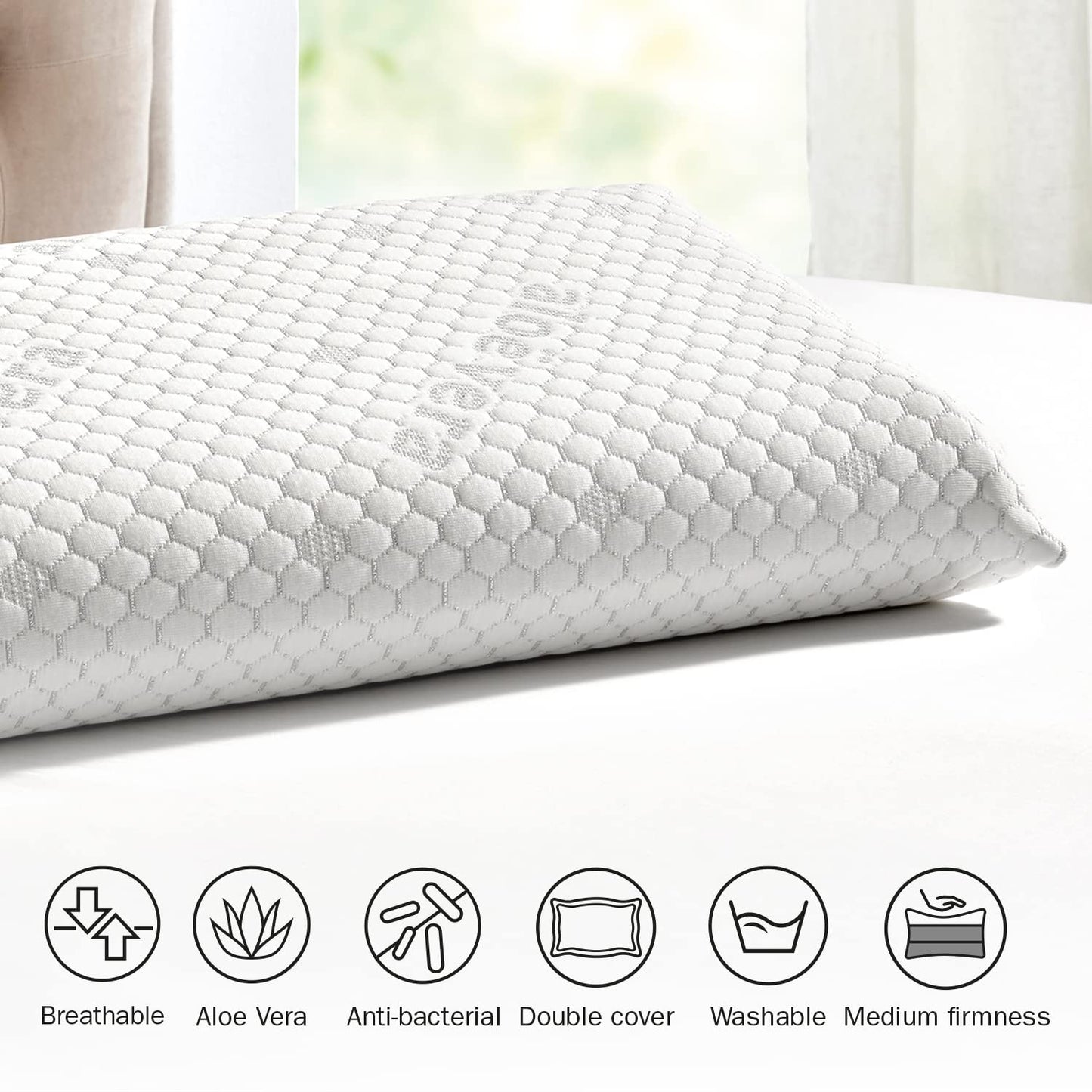 Pikolin Home - Viscoelastic pillow with Aloe Vera treatment and medium firmness, featuring silver threads and double cover for relaxation and comfort.