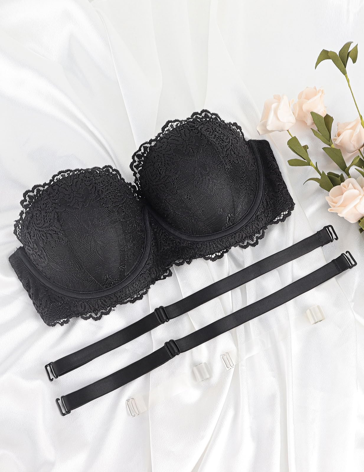 YANDW Strapless Padded Push Up Lace Bra with Multiway Clear Straps Strapless Women's Balconette Bras Black, 32D