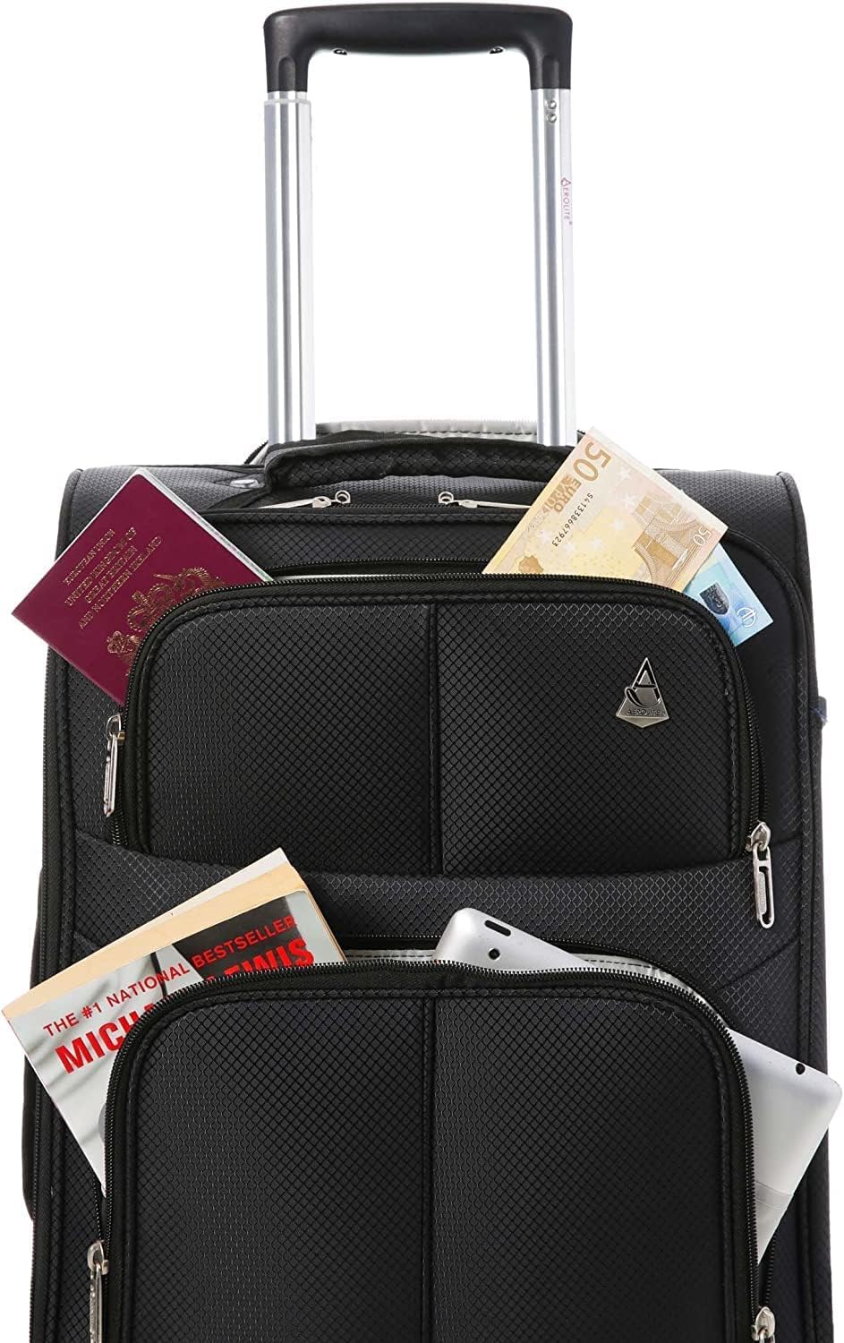 Aerolite 56x45x25 trolley suitcase approved for easyJet, British Airways, Jet2, Wizz Air. Maximum size 2 wheels 60L lightweight carry-on cabin luggage travel suitcase baggage, 10-year warranty in black.