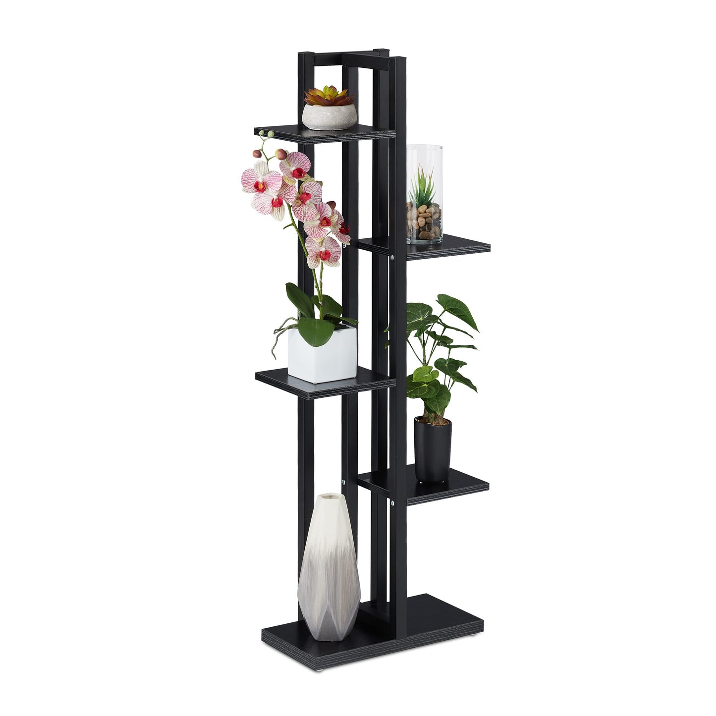 Relaxdays plant stand, flower shelf with 5 tiers, H x W x D 117 x 43 x 22 cm, steel and MDF, indoor flower rack, black