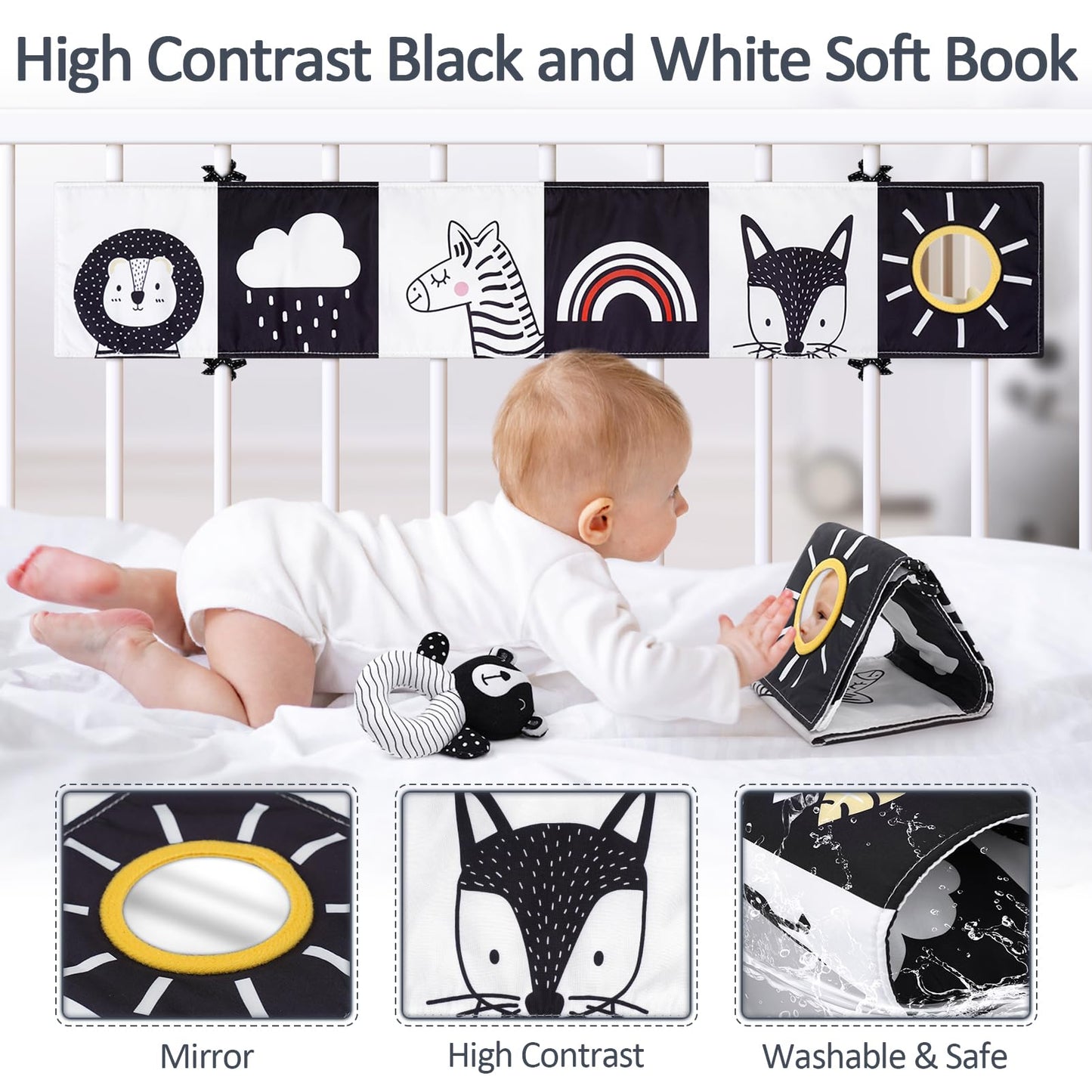 Joyreal Stroller Toy - Black White Toy Fabric Book, Contrast Book Baby, Contrast Cards Baby, Sensory Contrast Toy, Newborn