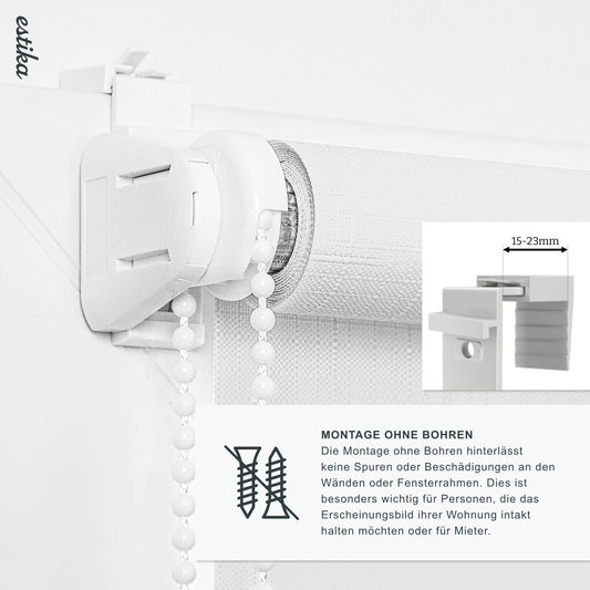 Estika roller blind for windows without drilling - 125cm x 150cm - White - 25 fabric colors, clamp-on installation, window blinds for indoor use, privacy for windows and balcony door (125 cm fabric width)