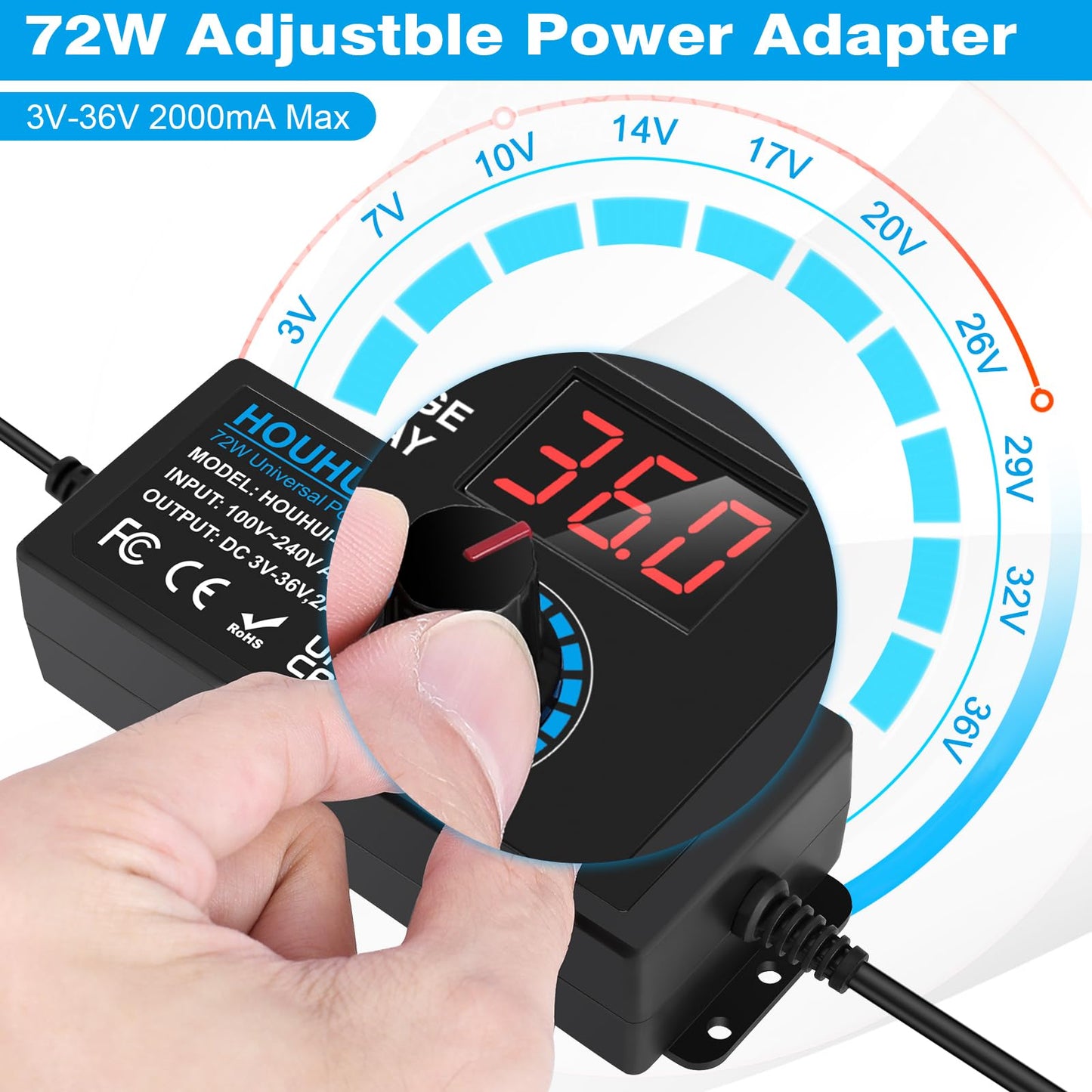 3V-36V Adjustable Power Supply Universal Power Adapter 2A 72W Adjustable Power Adapter 100V-240V AC to DC with LED Voltage Display and 5.5x2.5mm 16Tips for Household Electronics, DC Motor 2A Max