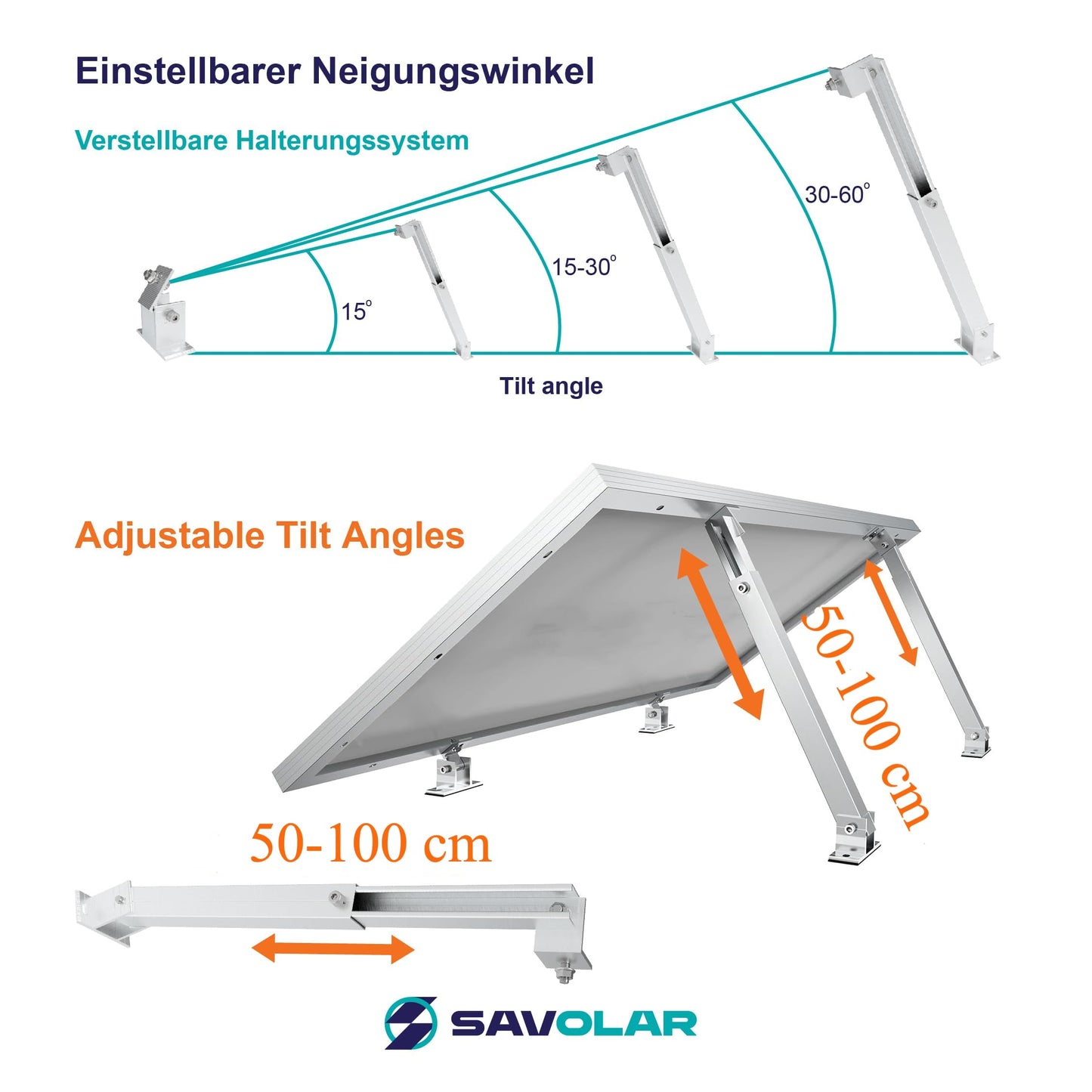 2 sets SAVOLAR solar panel mounting balcony power plant flat roof (15-60°) angle adjustable, 50-100cm adjustable, balcony power plant mounting flat roof tile roof and wall, solar panel mounting flat roof