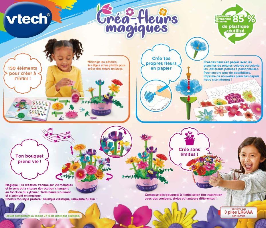 VTech - Magic Flowers, creative workshop for kids, musical flower bouquet, made from more sustainable materials, creative hobby, gift for children aged 4 to 10 years - content on