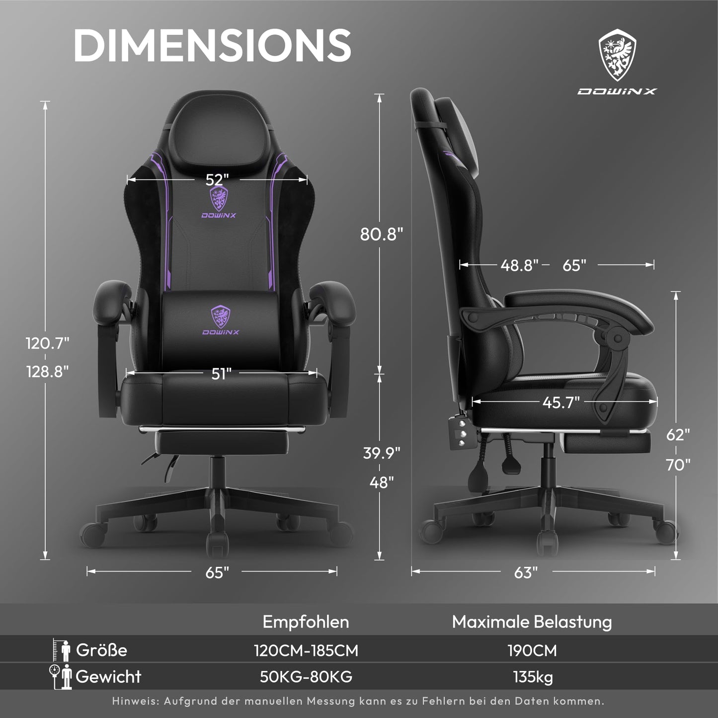Dowinx Gaming Chair, Ergonomic PU Leather Gamer Chair with Lumbar Support, PC Chair with Widened Backrest, Supports up to 150 kg, Purple
