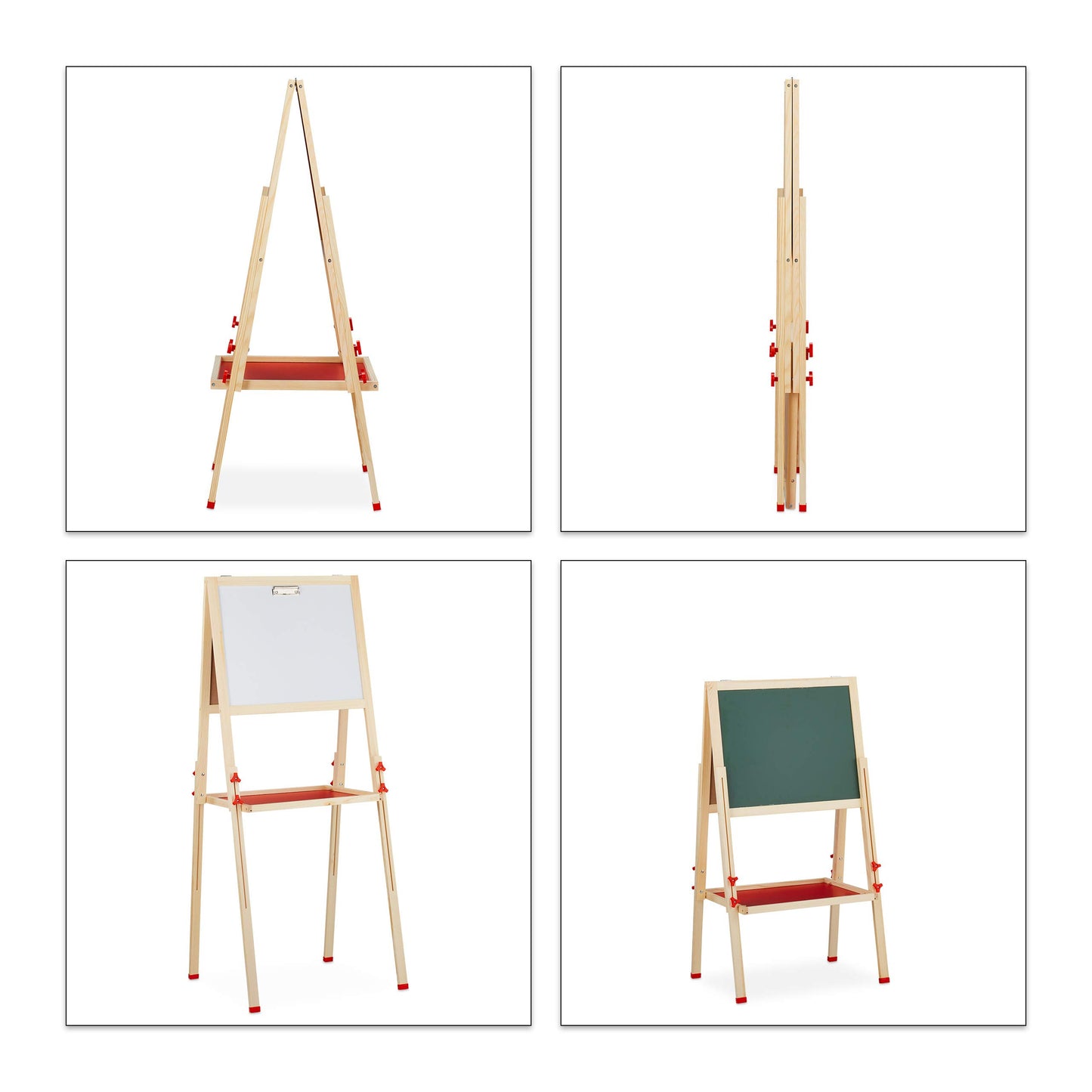 Relaxdays kids' easel, whiteboard and chalkboard, adjustable height, wooden stand, 102-135 x 55 x 52 cm, natural, light brown, white, dark green.