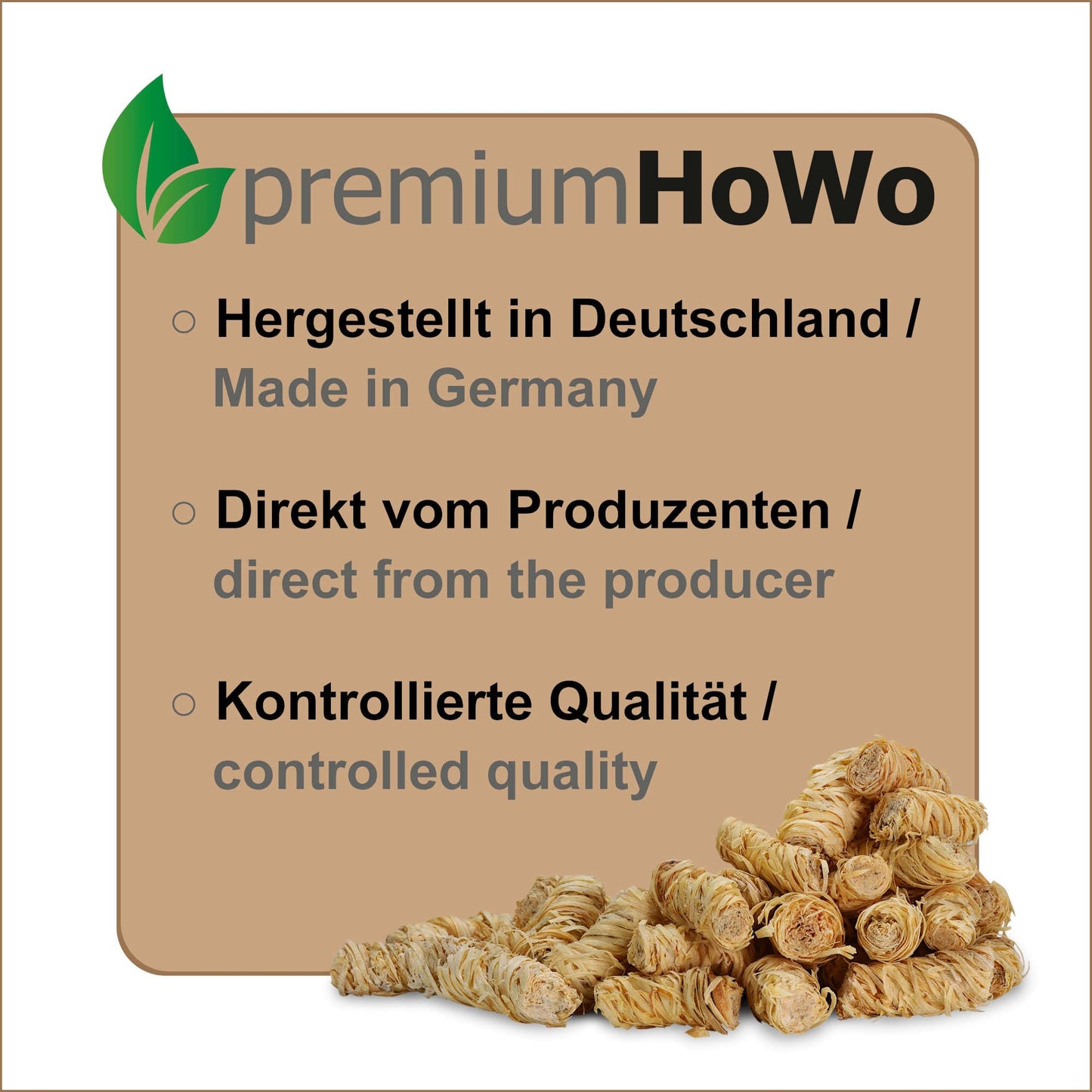 premiumHoWo (20kg = approx. 1600 pieces) Fireplace, grill, and stove starters - Eco-firelighters, wood wool, ideal for fireplace and grill - top quality Made in Germany - Also available in (3kg / 5kg / 10kg) sizes.