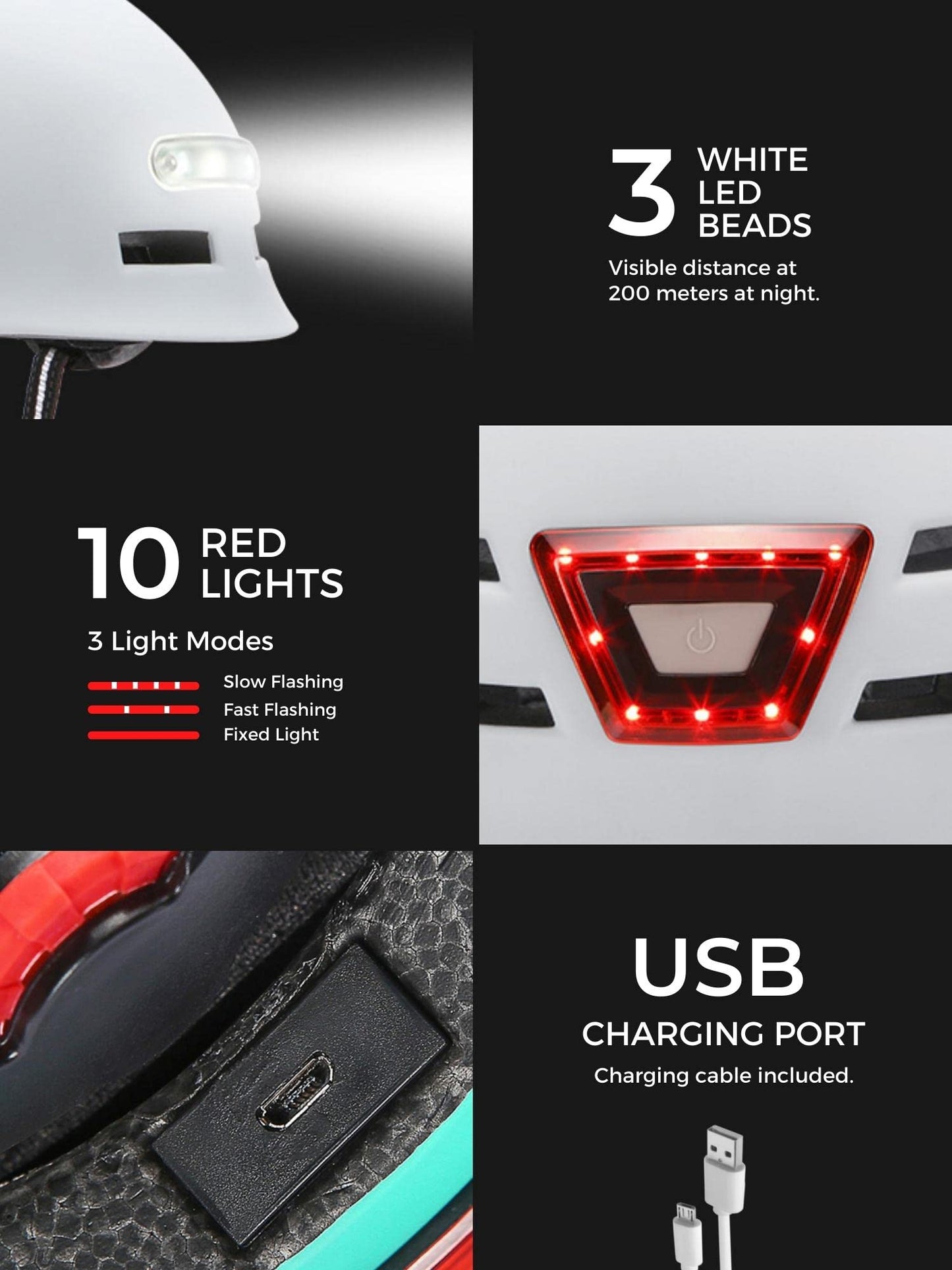 Bike helmet with red rear light + LED white front light. Electric scooter helmet, skate. Helmet for adults, lightweight with removable lining. PC + EPS shell, 14 ventilation openings and USB charging cable.